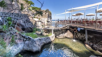 Un espace aménagé avec une piscine naturelle bordée de rochers, un pont et des sièges extérieurs offrant une vue sur une étendue d’eau.