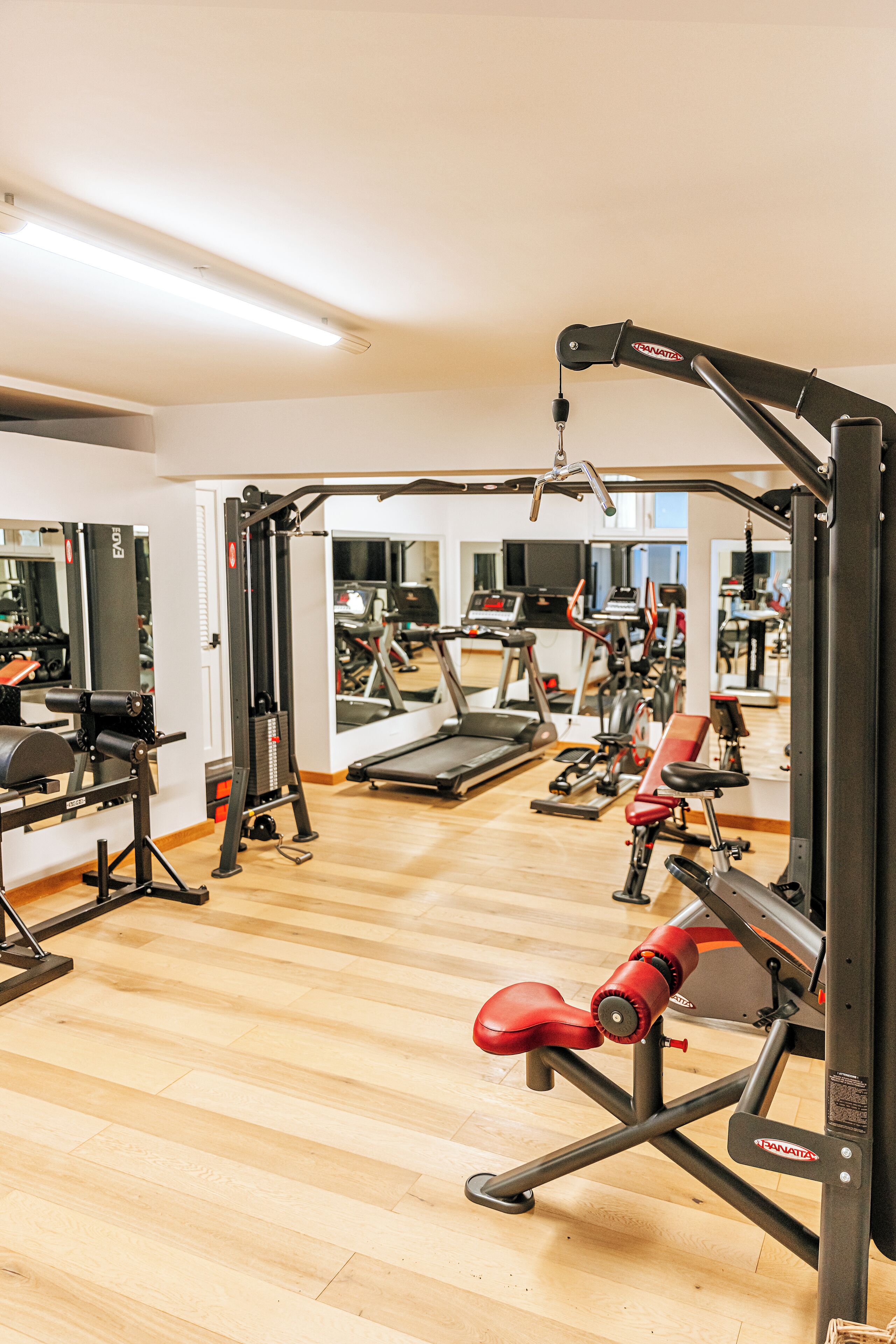 A gym with exercise equipment, a treadmill, and a mirror.