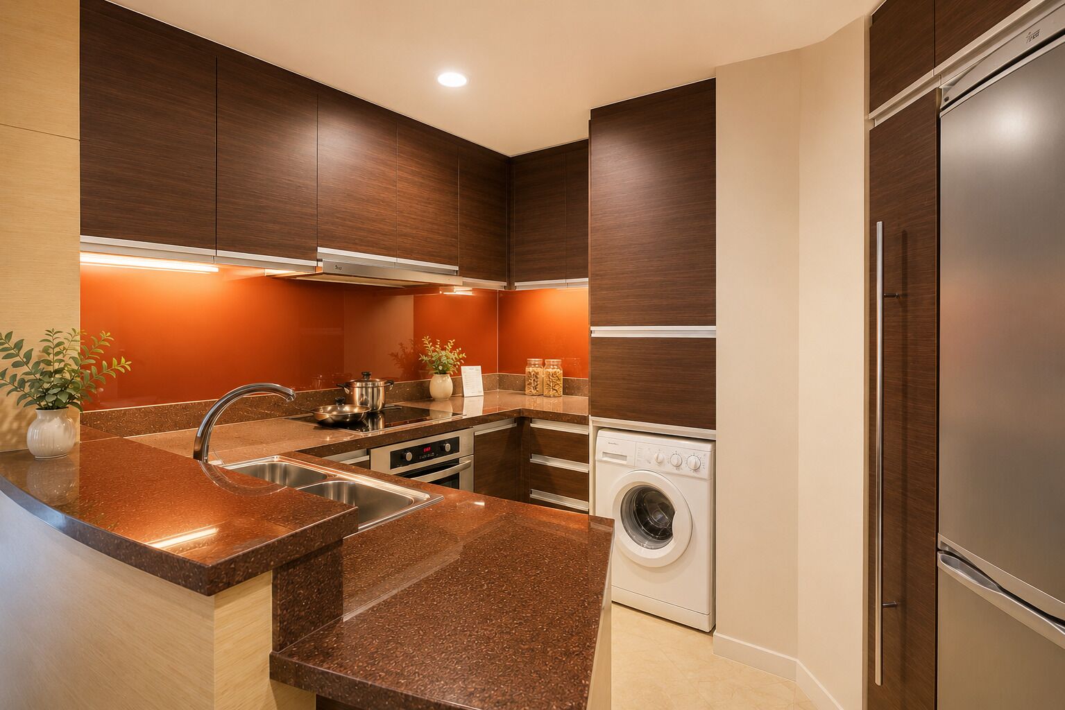 Una cocina moderna con armarios de madera oscura, encimeras de granito, pileta de acero inoxidable, horno empotrado, lavadora y refrigerador.