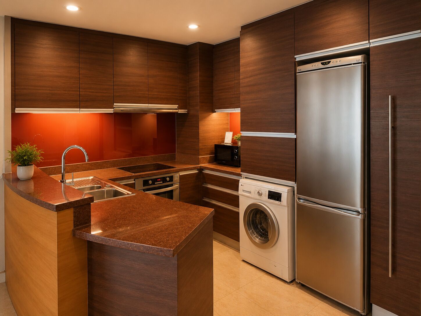 A modern kitchen with built-in appliances, a central island, and wooden cabinetry.
