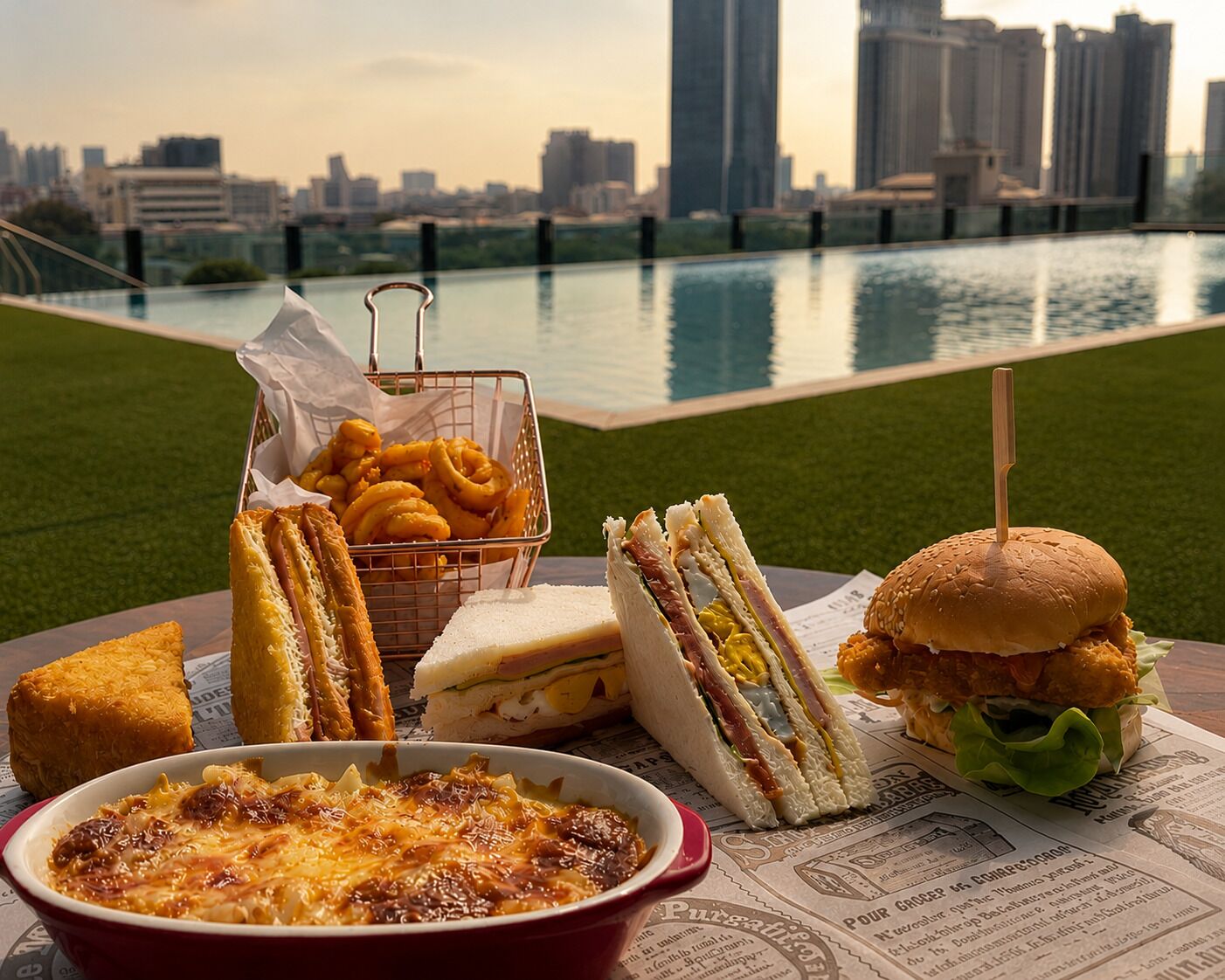 Comida con sándwiches, papas fritas y un bol de pasta, sobre una mesa con un horizonte urbano y agua de fondo.