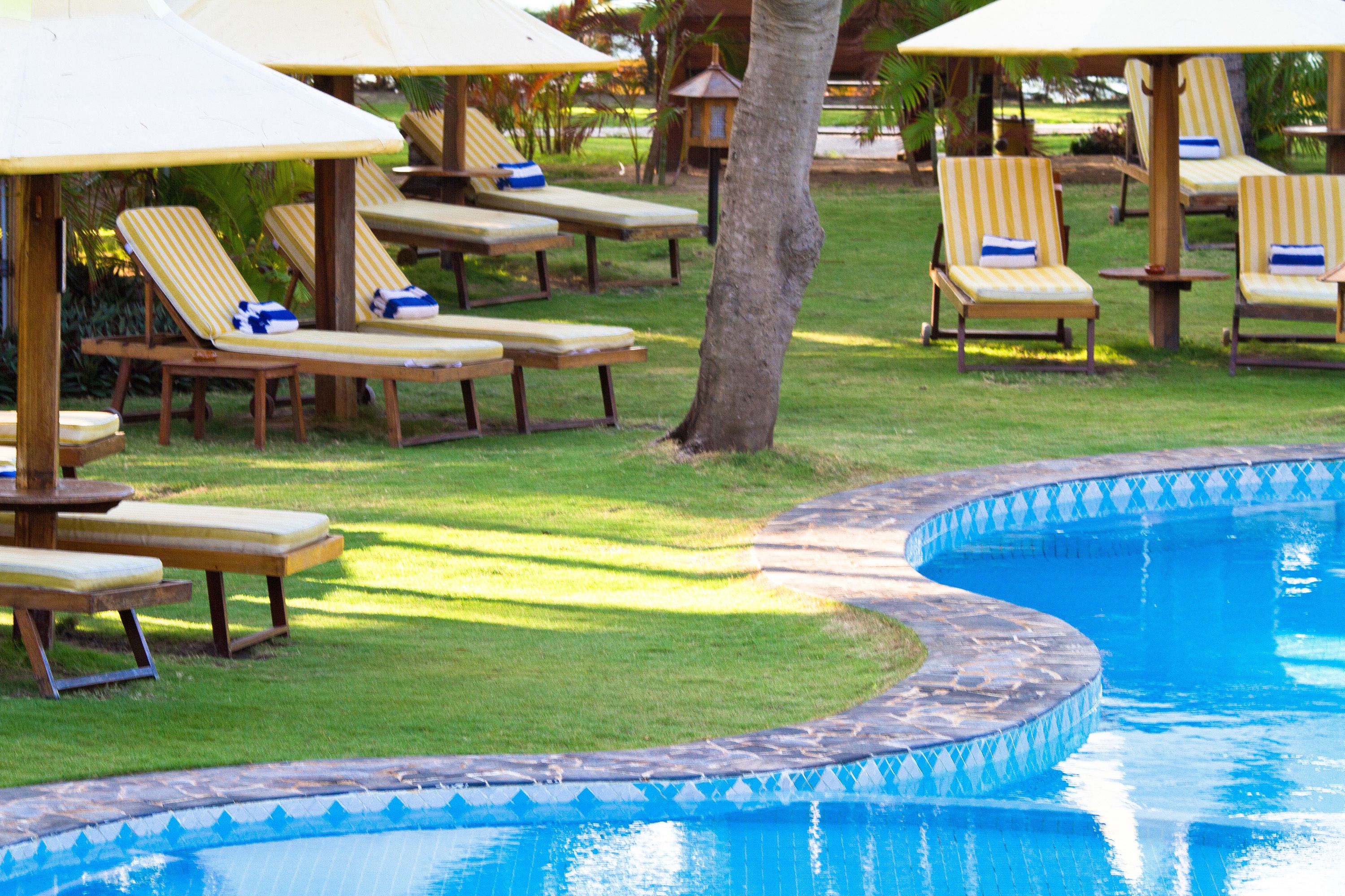 outdoor pool, pool umbrellas, pool loungers
