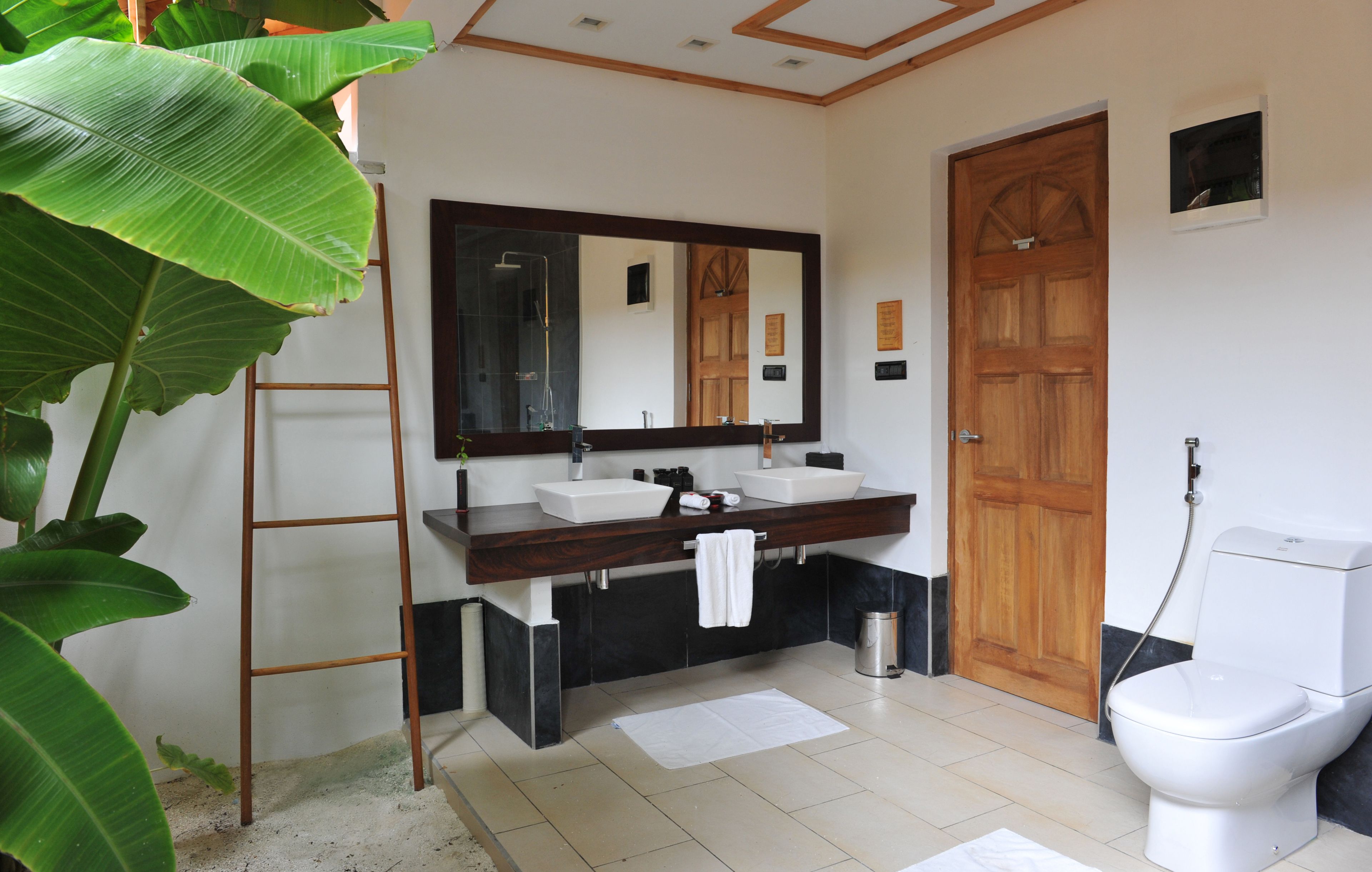 A bathroom with a wooden door, a large mirror, two sinks, a toilet, and a ladder.