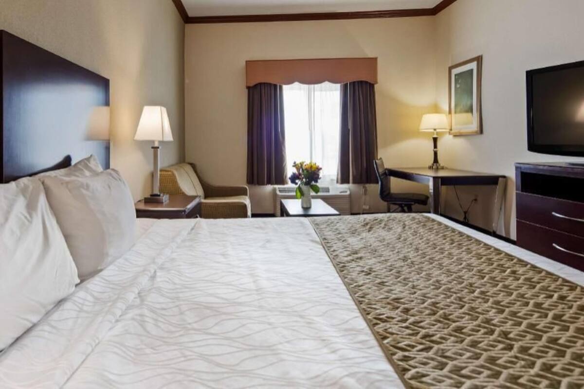 A hotel room with a large bed, a desk, a chair, a TV, and a window with curtains.