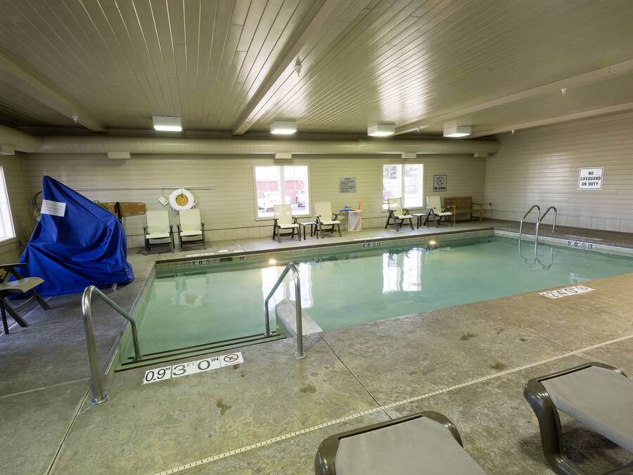 Une piscine intérieure avec des lignes de démarcation bien visibles pour chaque couloir, un panneau indiquant qu’il est interdit de plonger et un panneau signalant la présence d’un sauveteur.