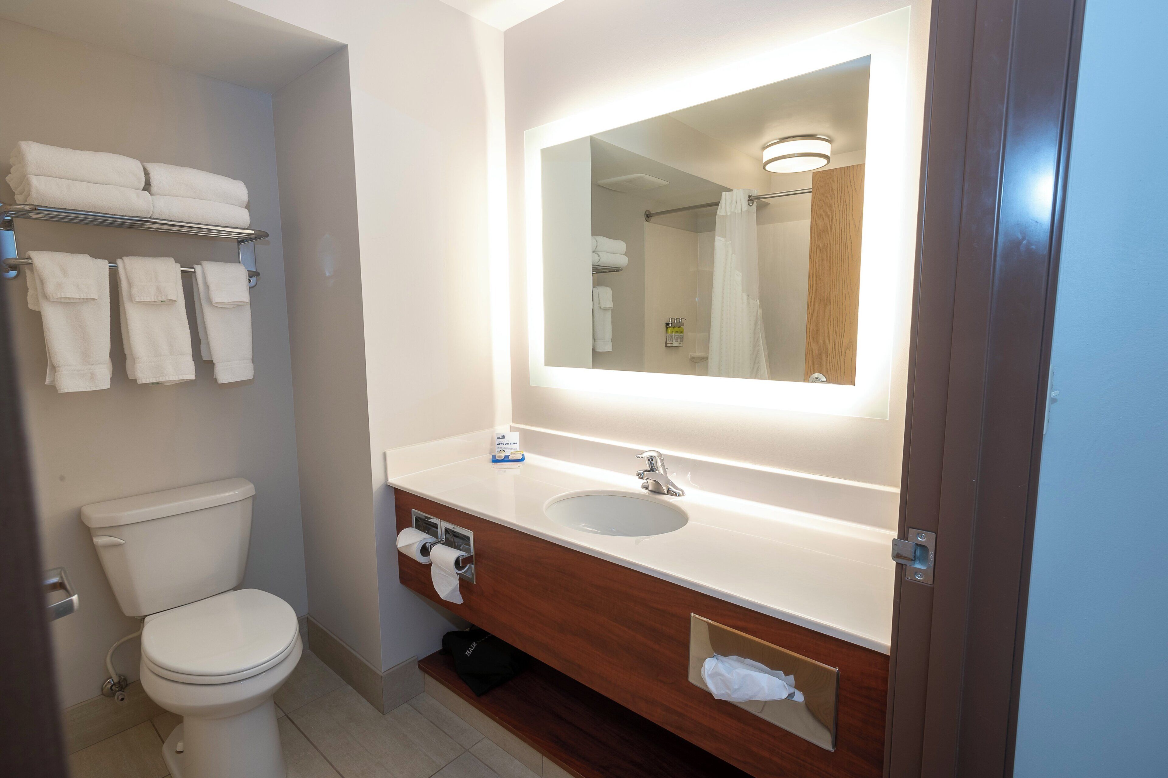 A bathroom with a toilet, a sink, a mirror, and a towel rack.
