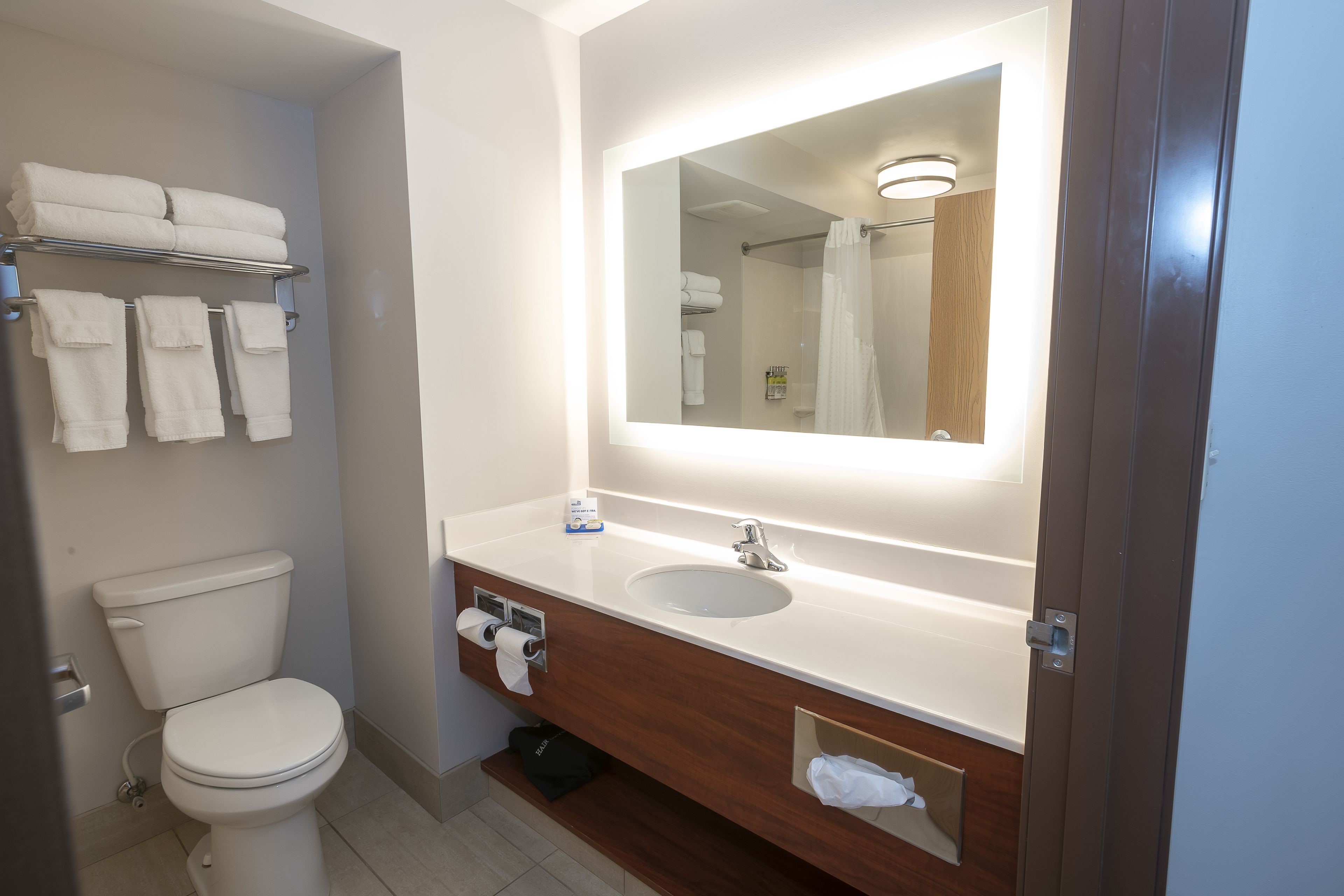 combined shower/bathtub, free toiletries, hair dryer, towels