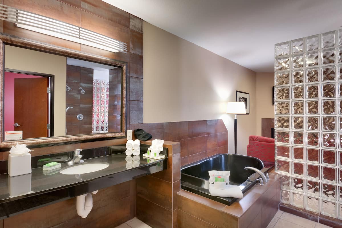 Une salle de bain moderne avec un grand miroir, un lavabo noir, une baignoire et une douche à l’italienne.