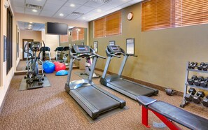 A gym with treadmills, exercise balls, and a bench.