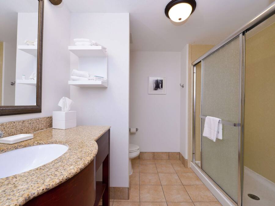 A bathroom with a granite countertop sink, a mirror, a toilet, and a glass shower enclosure.