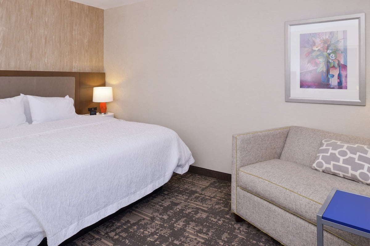 A hotel room with a large bed, a sofa, a nightstand with a lamp, and a framed artwork on the wall.