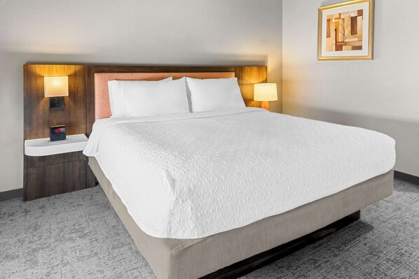 Habitación de hotel con una cama grande, dos mesitas de noche con lámparas, un cabecero de madera y un cuadro enmarcado en la pared.