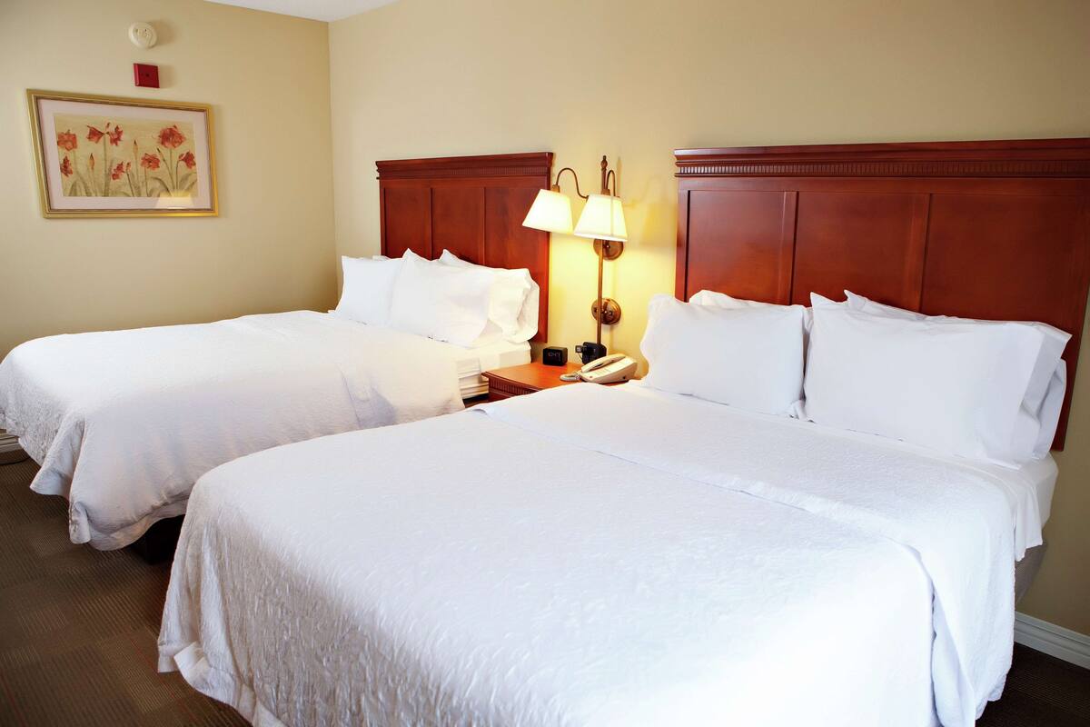 A hotel room with two beds, a nightstand with a lamp, a framed picture on the wall, and a telephone.