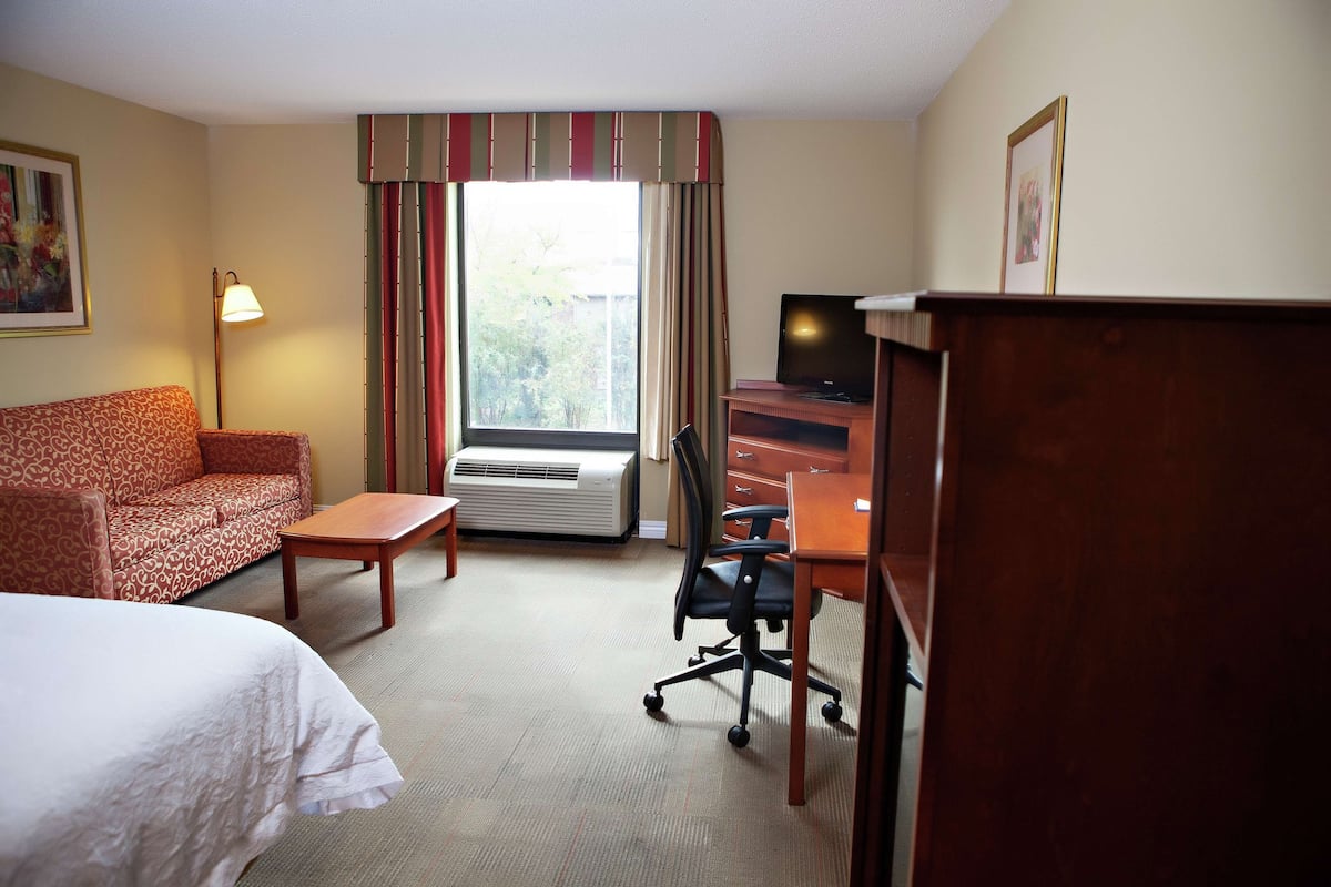 A hotel room with a bed, a sofa, a desk, a chair, an air conditioner, and a television.