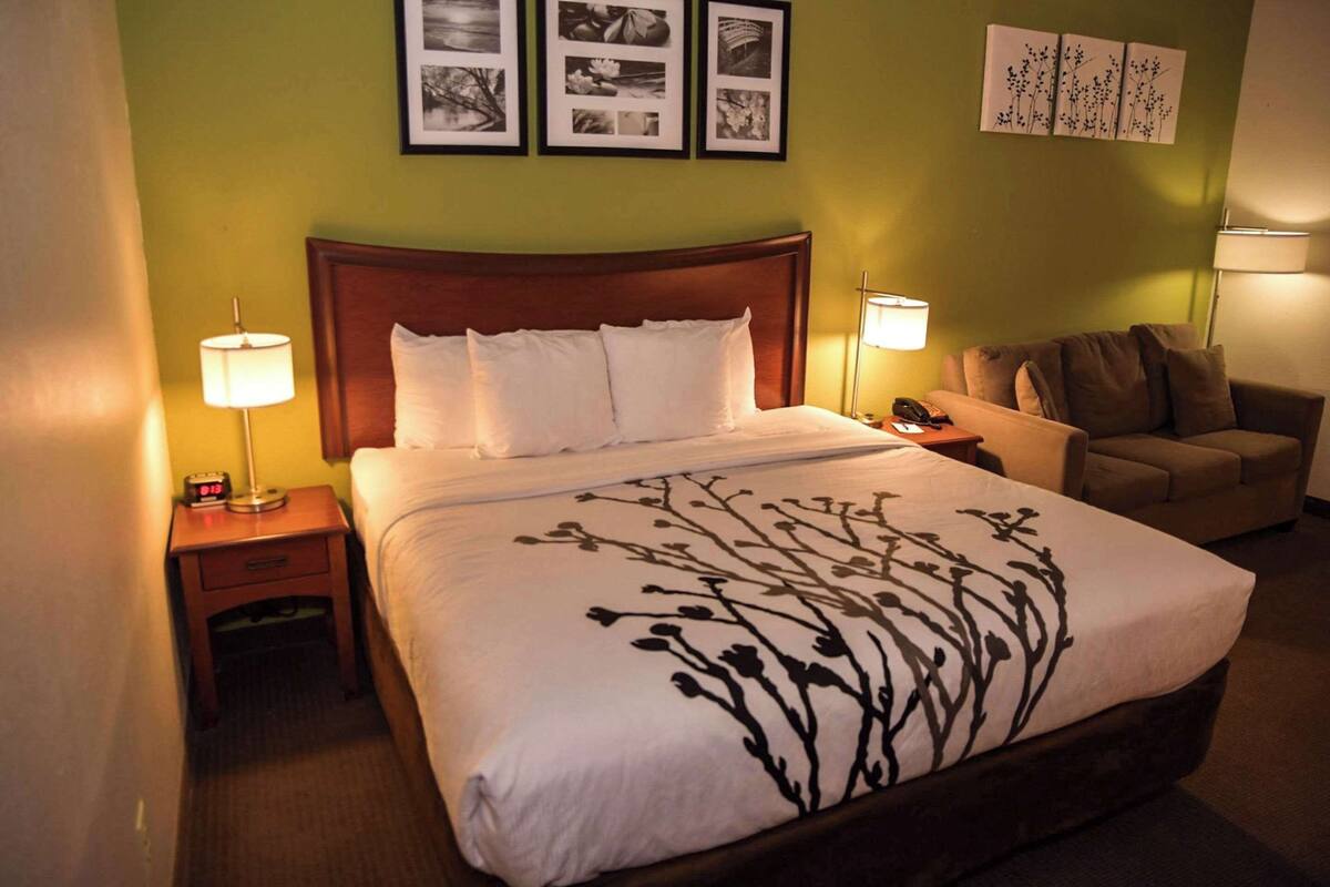 A hotel room with a large bed, a nightstand with a lamp, a chair, and framed pictures on the wall.