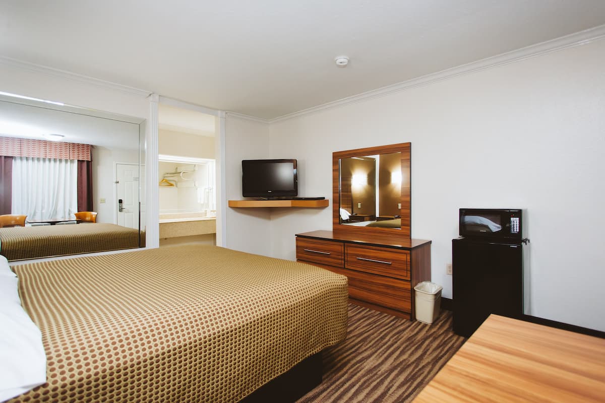 A hotel room with two beds, a television, a microwave, and a mirror.