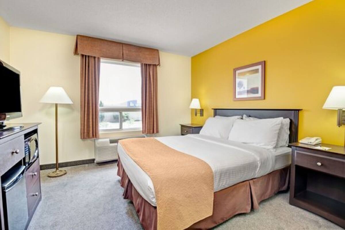 Une chambre d’hôtel avec un lit, un bureau, une lampe, une télévision et une fenêtre avec des rideaux.