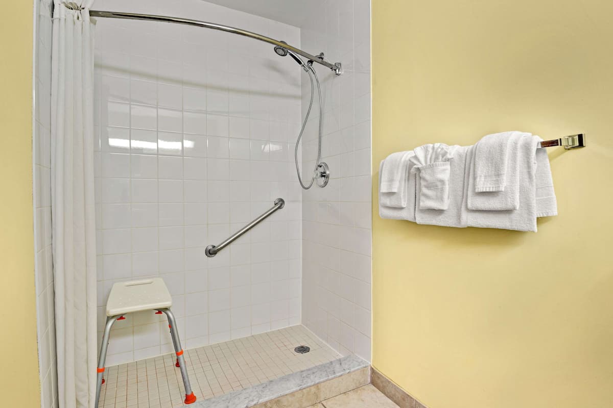 Un espace douche équipé d’une barre d’appui, d’un marchepied blanc et d’un porte-serviettes avec plusieurs serviettes.