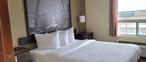 A hotel room with a large bed, a nightstand, a lamp, a window with a view of a building, and a framed picture on the wall.