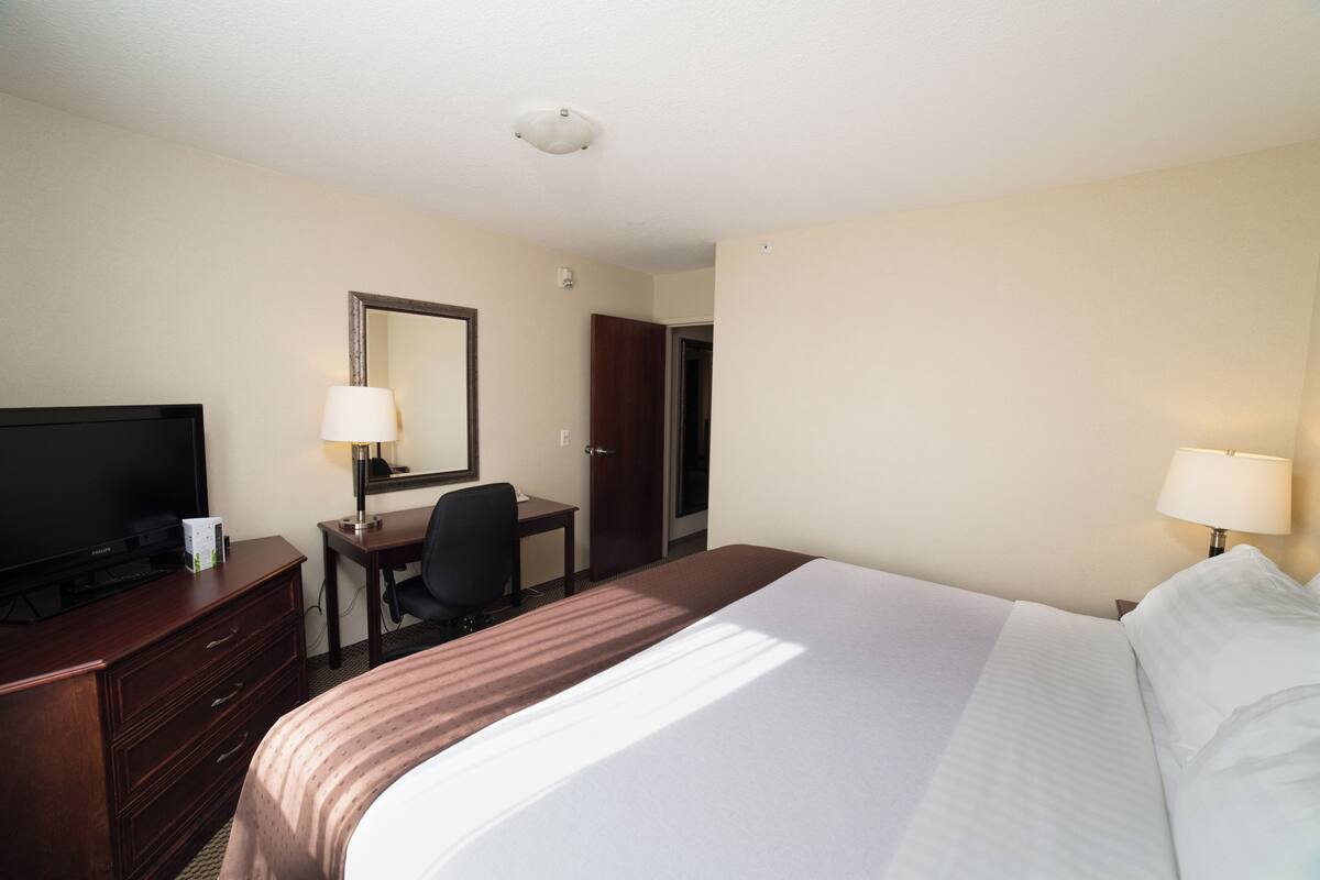 Une chambre d’hôtel équipée d’un lit, d’un bureau, d’une chaise, d’une télévision et d’un miroir.