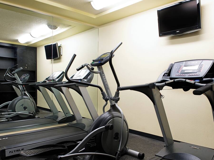 A gym with treadmills, a stationary bike, and a weight bench.