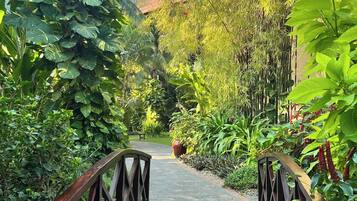 A wooden pathway leading through a lush garden with various plants and a rustic bridge.