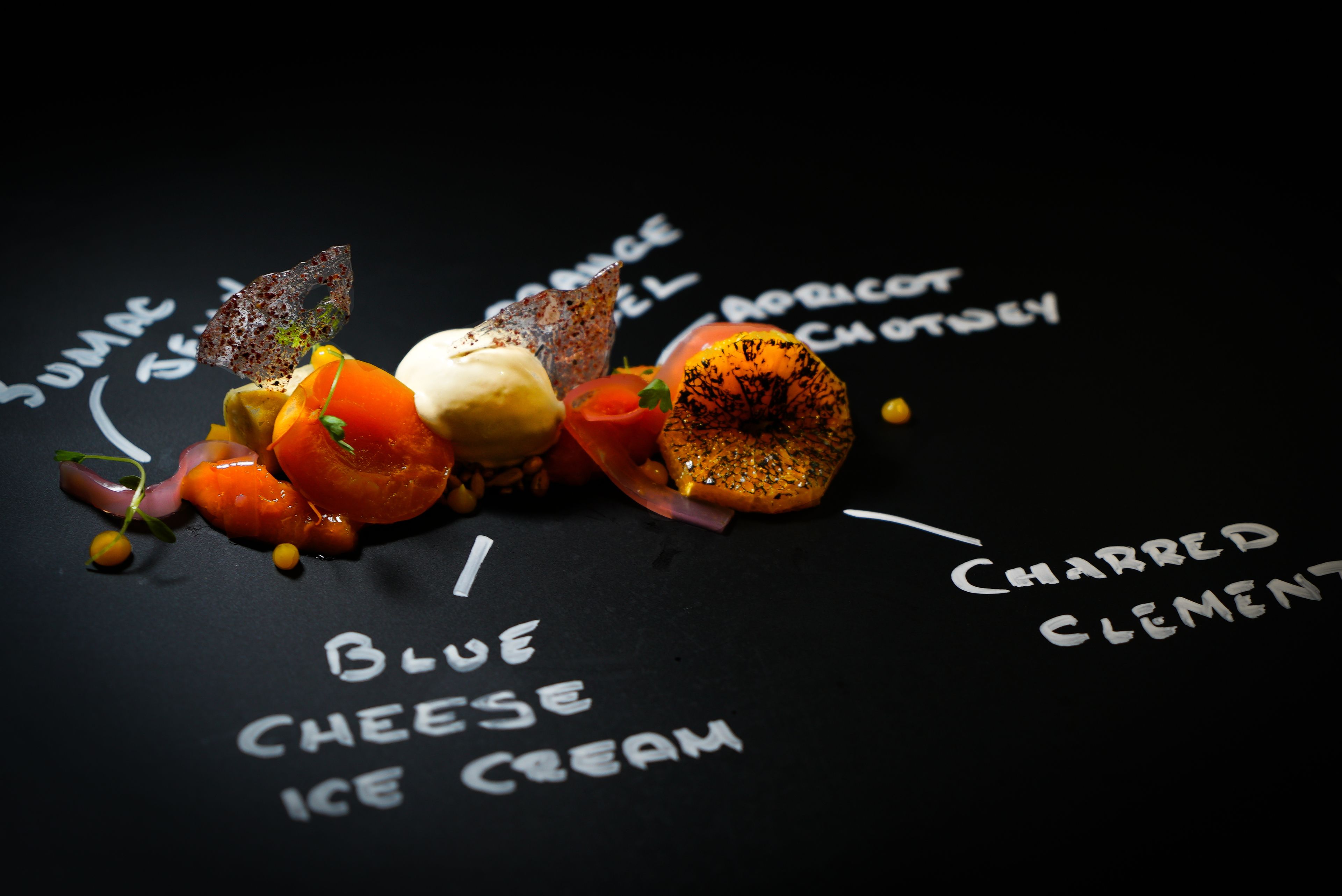A dessert with various components labeled, including 'Blue Cheese Ice Cream' and 'Charred Clementine'.