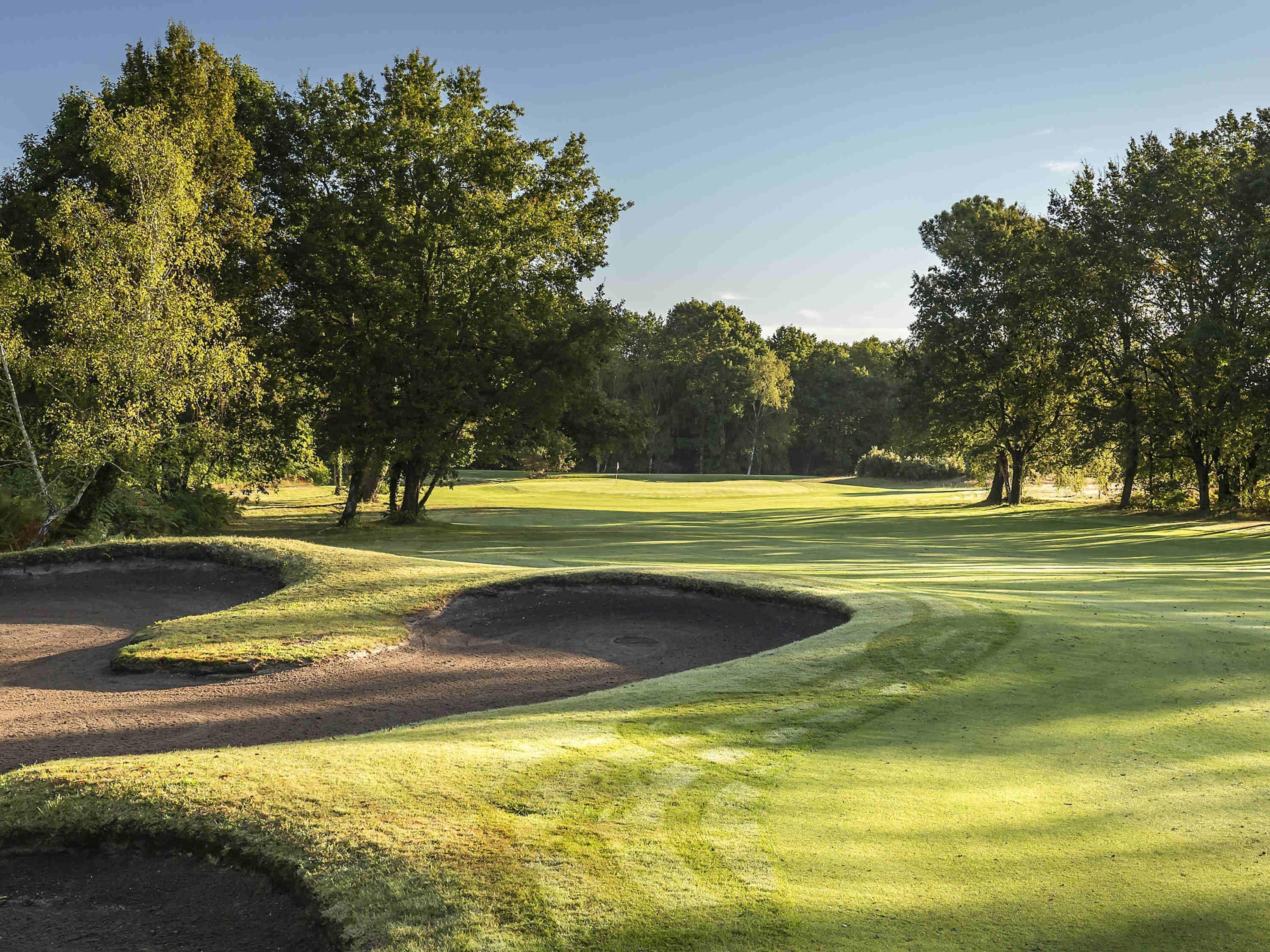Een golfbaan met zandbunkers, bomen en een heldere lucht.