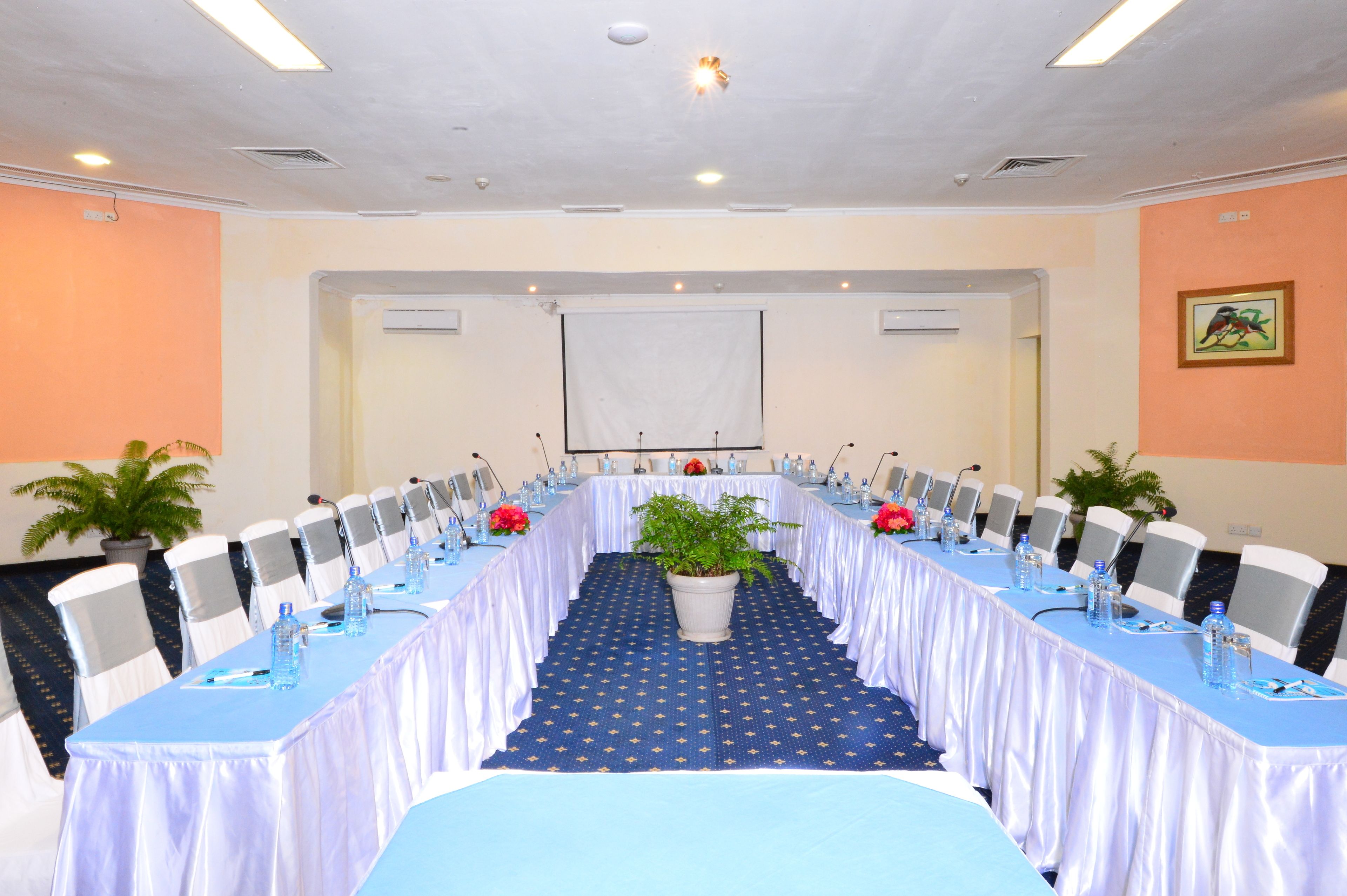 A conference room with a long table, white chairs, and a blue carpet.