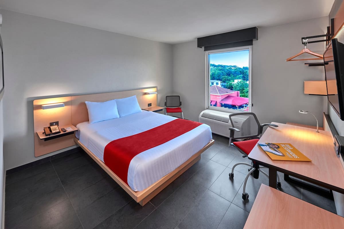 Habitación de hotel con una cama grande, mesita de noche con teléfono, escritorio con silla, ventana con vista a edificios y televisor montado en la pared.