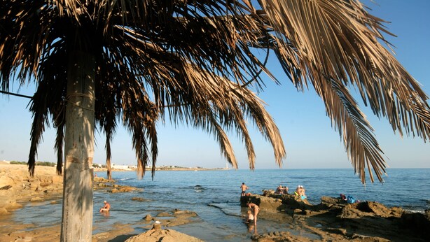 A beach with palm trees, rocky shore, and people in the water. - Mahara Hotel & Wellness (Mazara del Vallo)