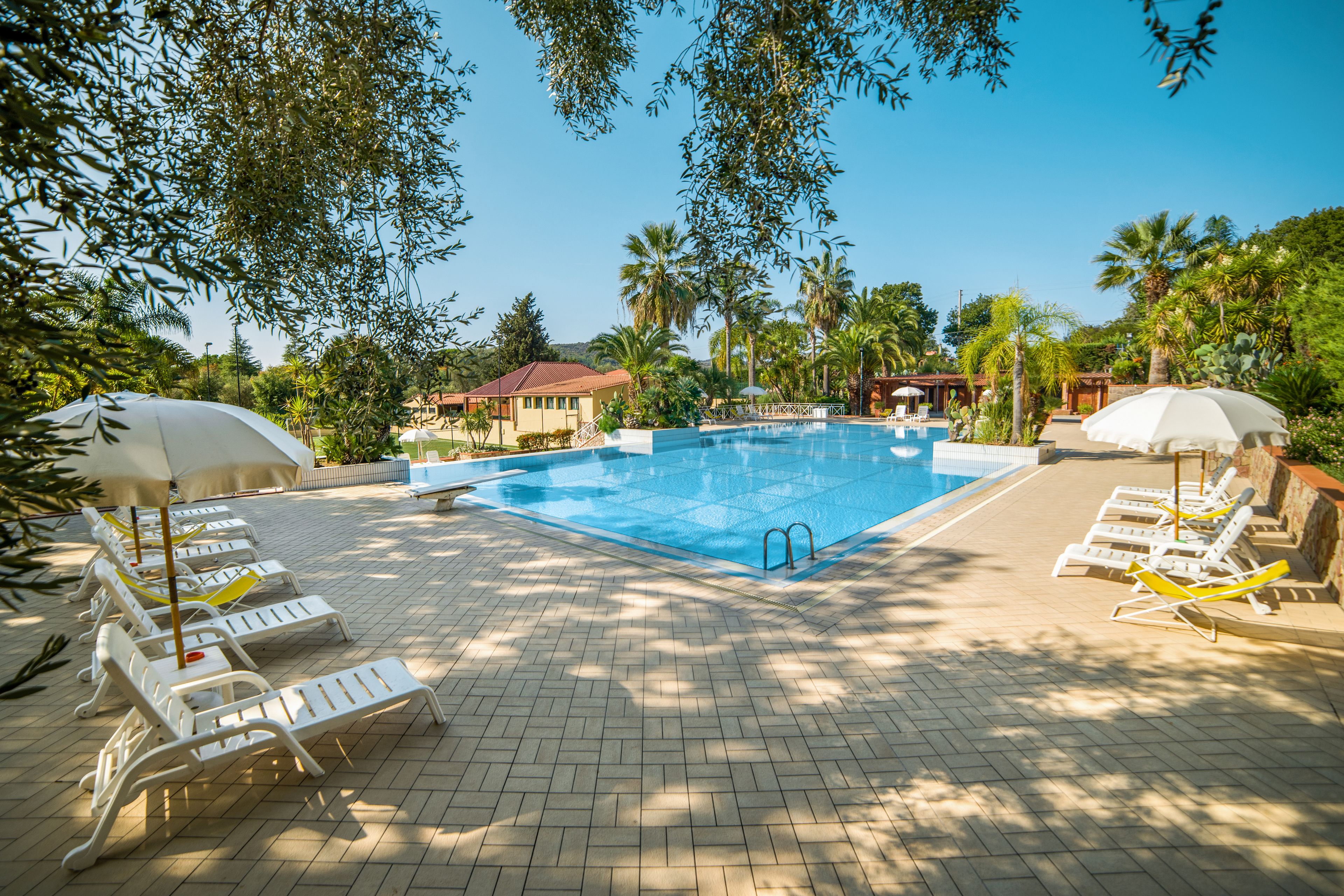 Une piscine entourée de chaises longues et de parasols, avec des palmiers tout autour et un bâtiment en arrière-plan.