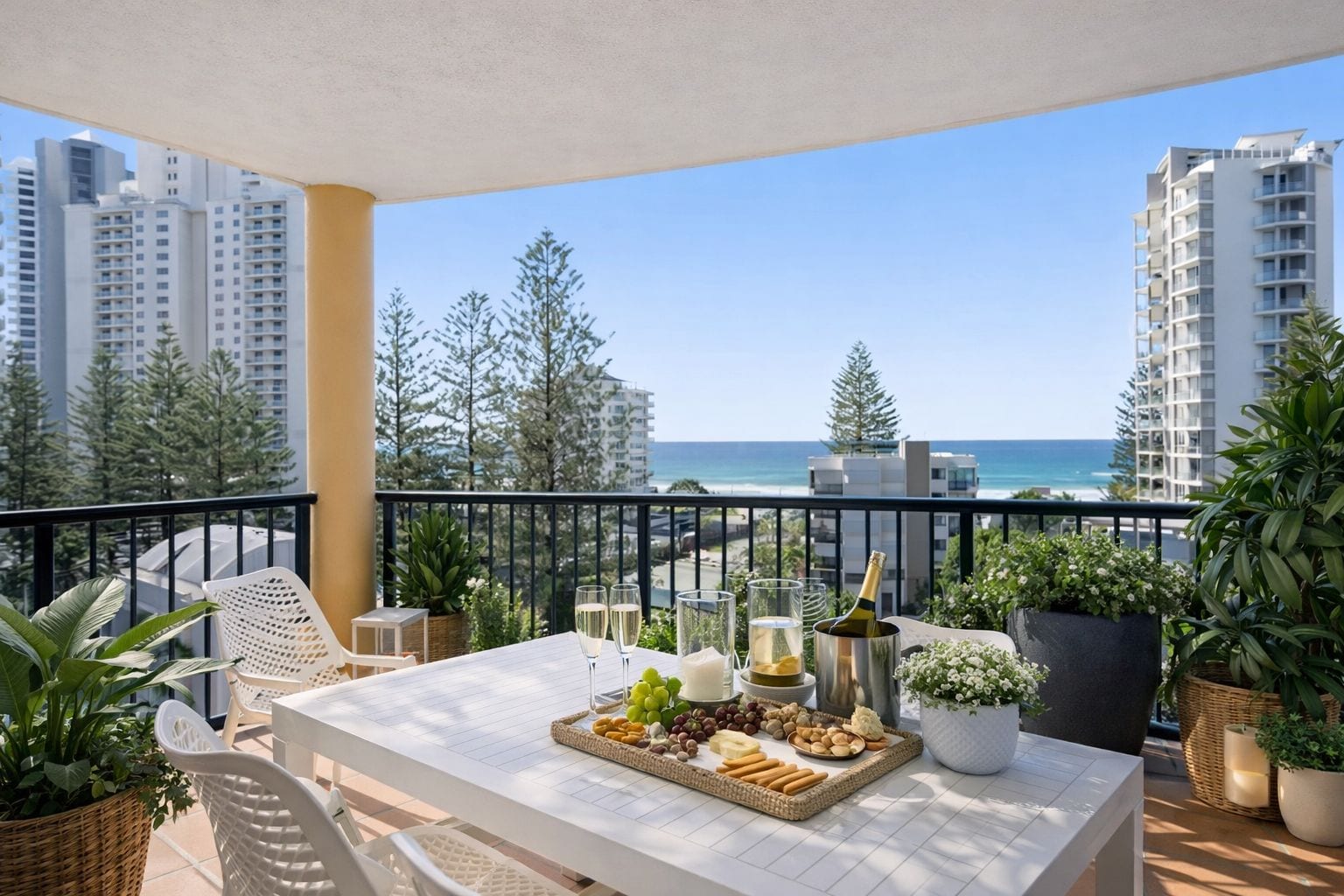 A balcony with a table set for a meal, overlooking a coastal view with buildings and trees.