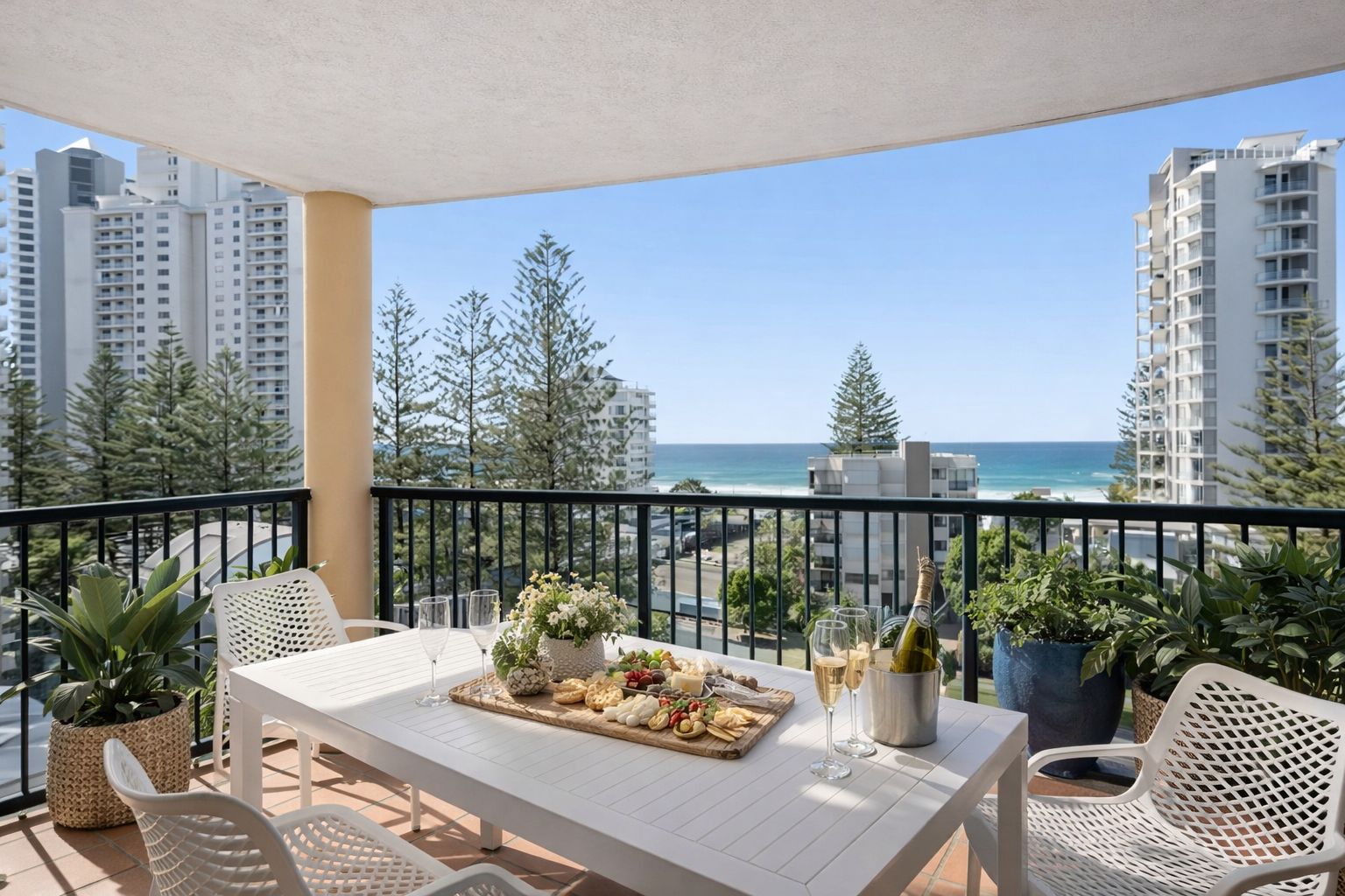 Un balcon avec une table dressée pour un repas, donnant sur une plage et des immeubles de grande hauteur.