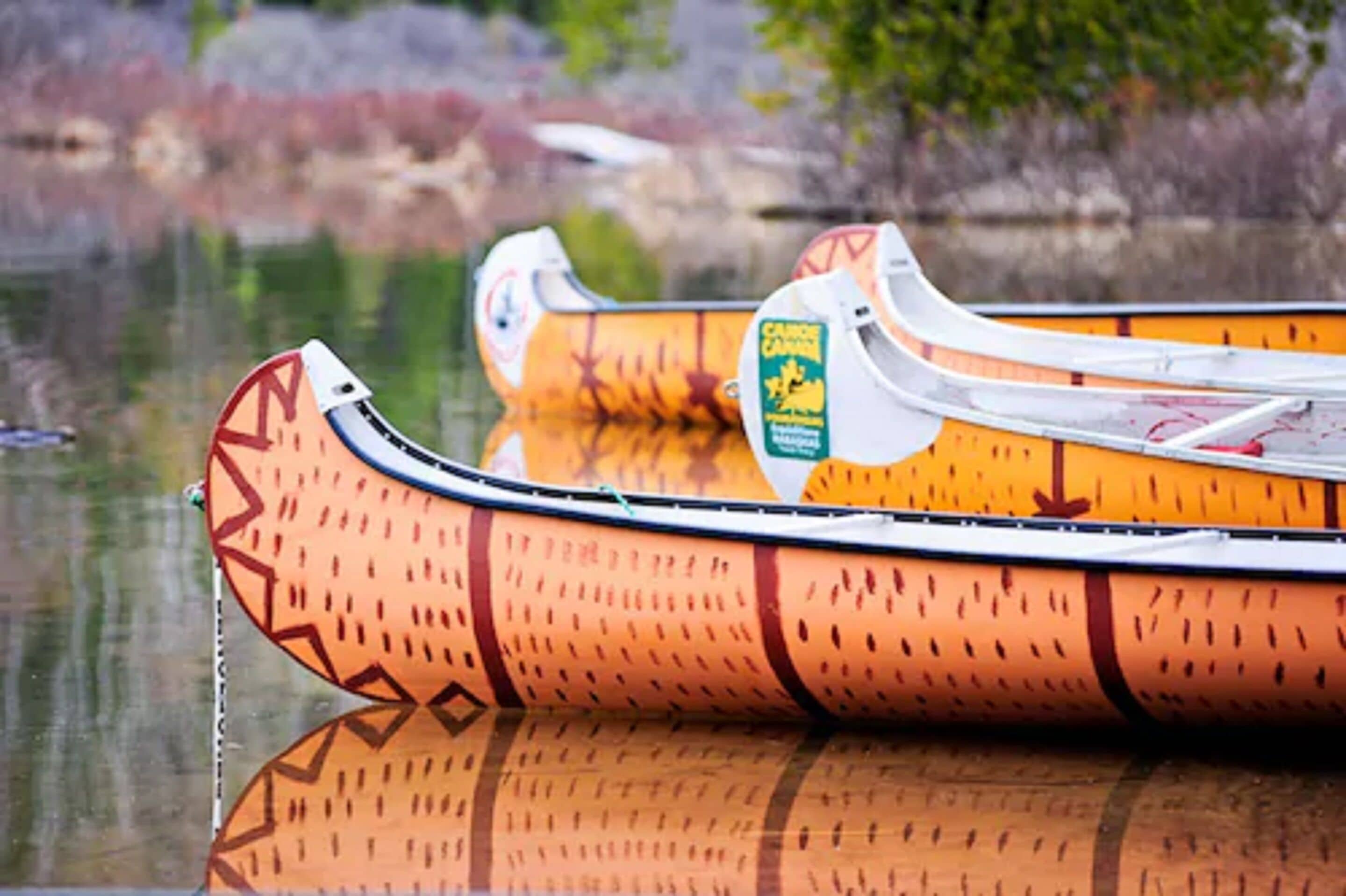 A canoe with a decorative pattern and a label on the side.