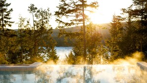 Une piscine extérieure paisible, avec vue sur un lac et des montagnes, et entourée d’arbres.