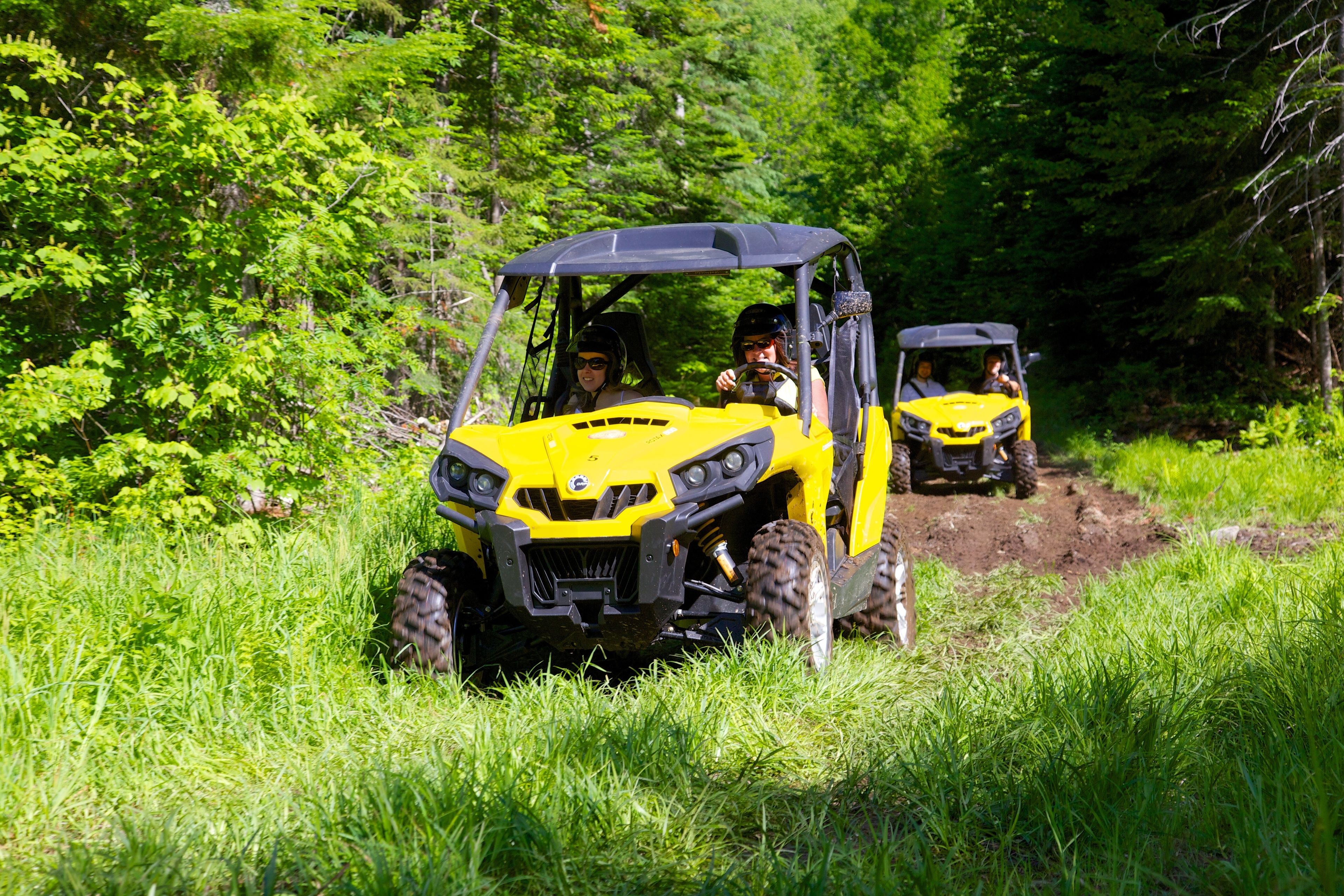 A yellow off-road vehicle driving through a grassy area with dense green foliage in the background.