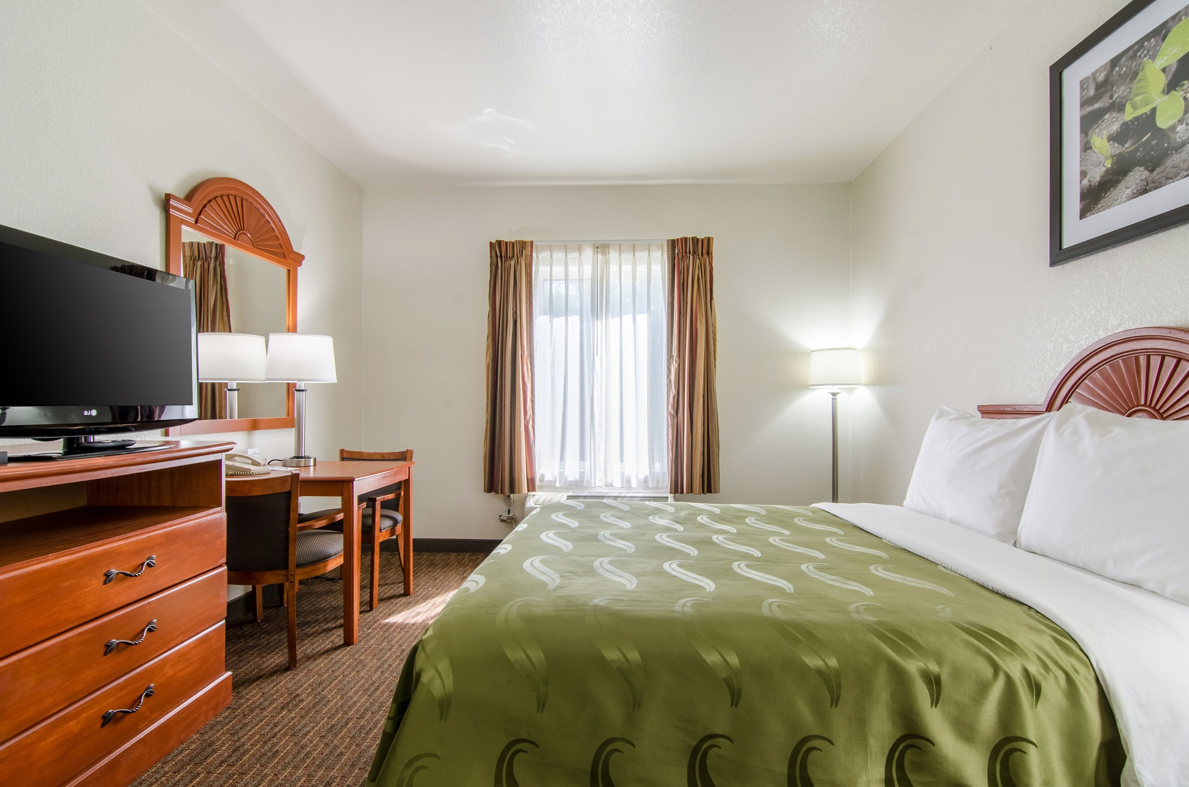 A hotel room with a bed, a desk with a television, a chair, a lamp, and a window with curtains.