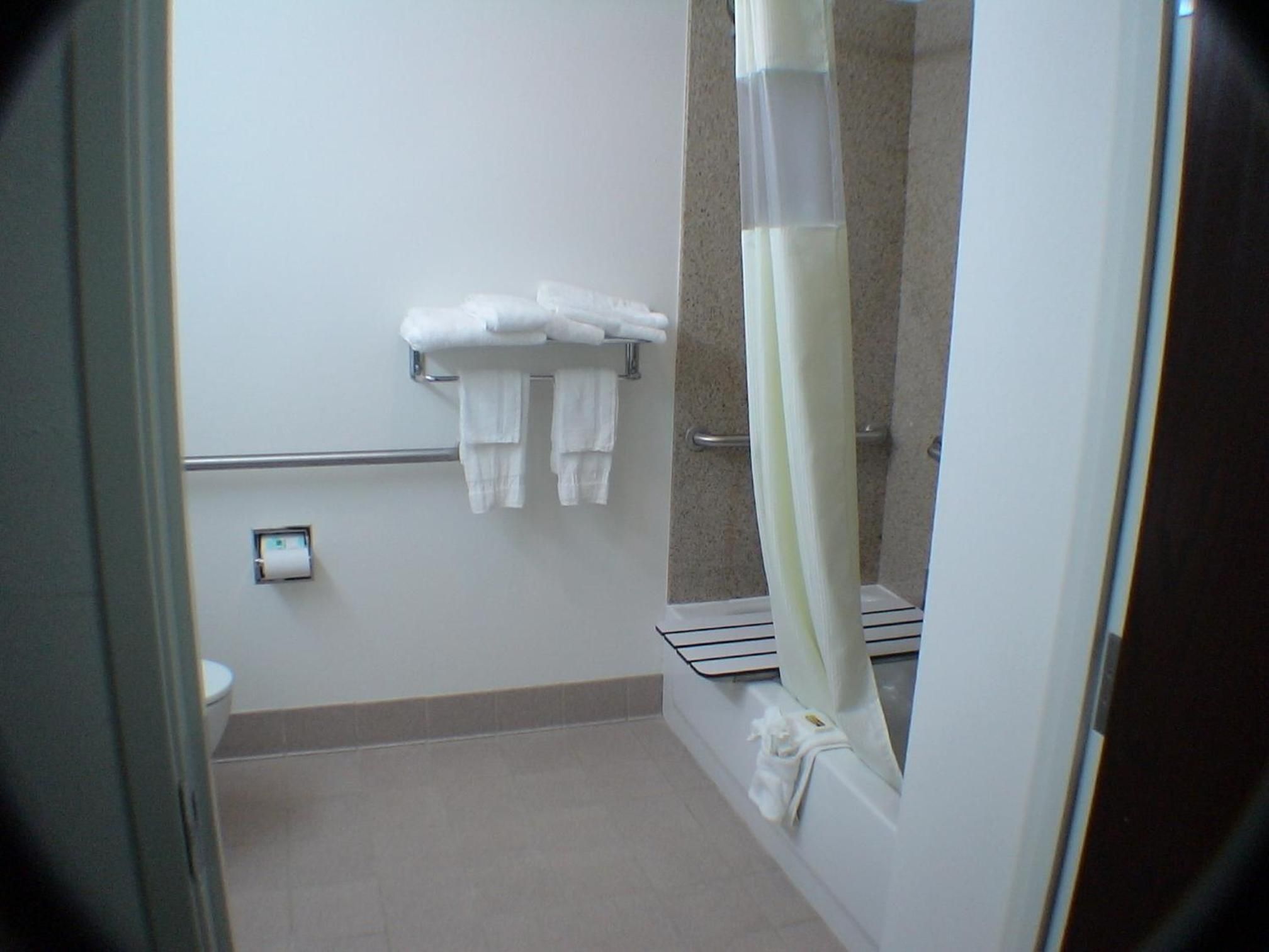 A bathroom with a toilet, a towel rack with towels, and a shower curtain.