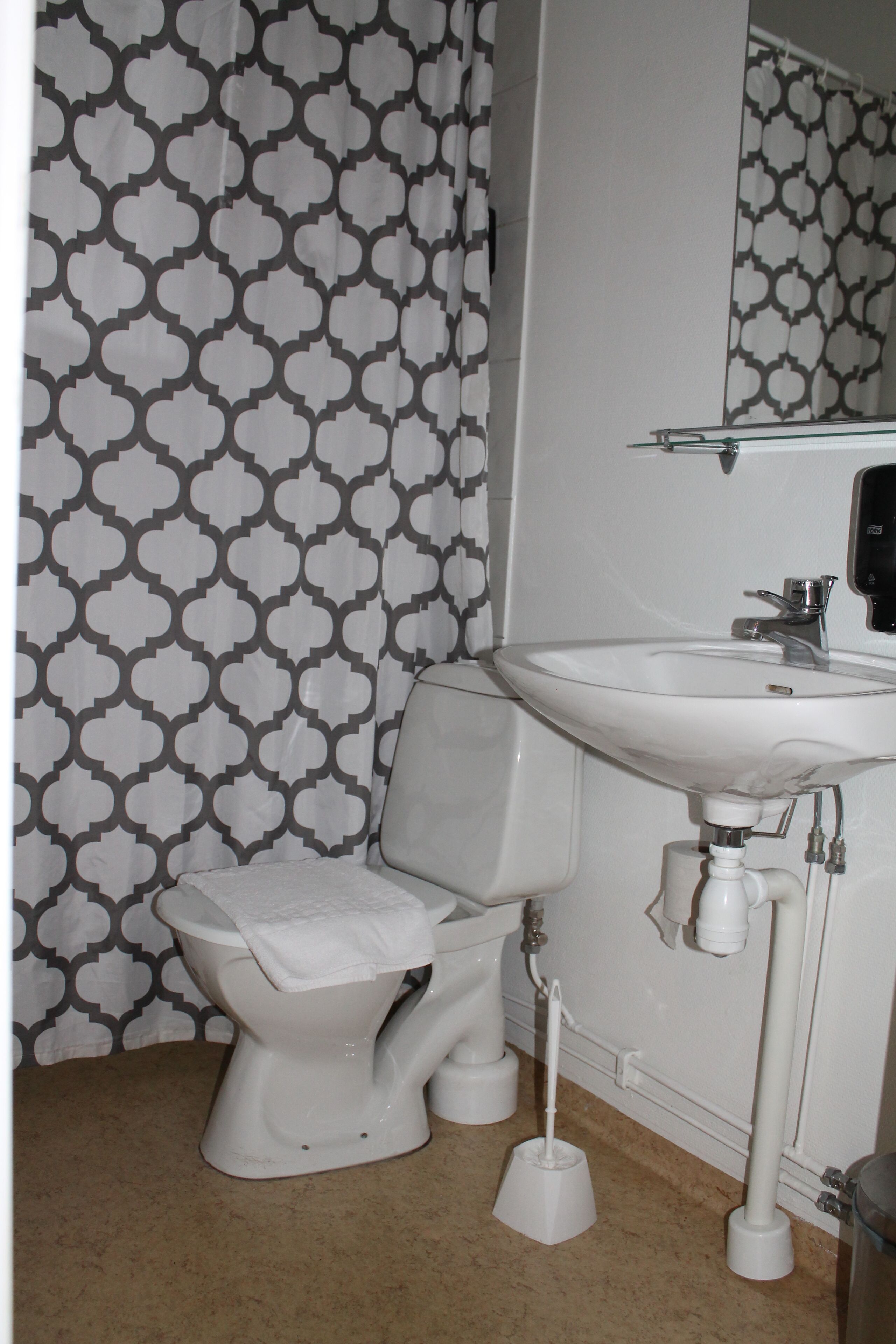A bathroom with a toilet, sink, and shower curtain.