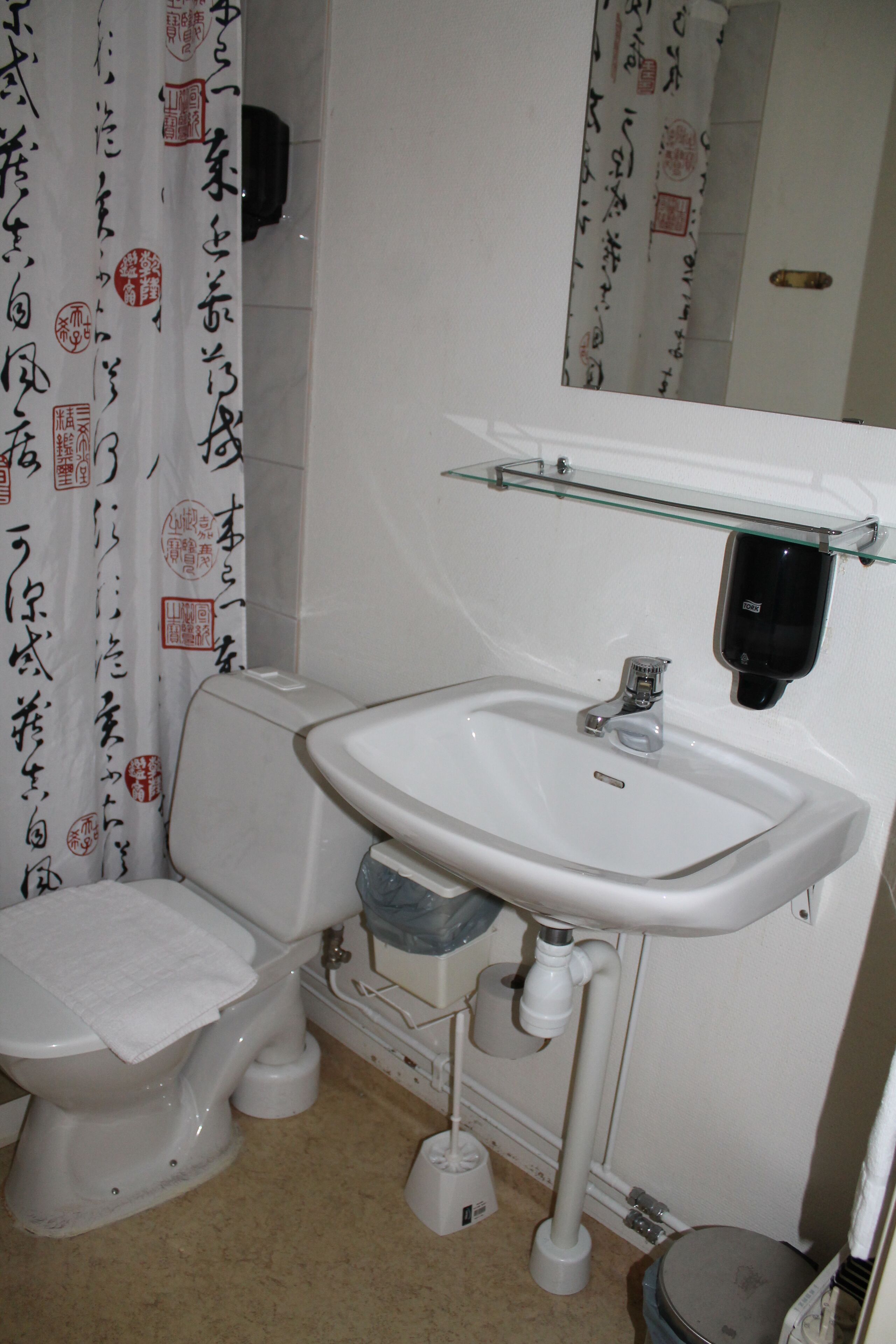 Une salle de bain équipée de toilettes, d’un lavabo et d’une étagère en verre au-dessus du lavabo.