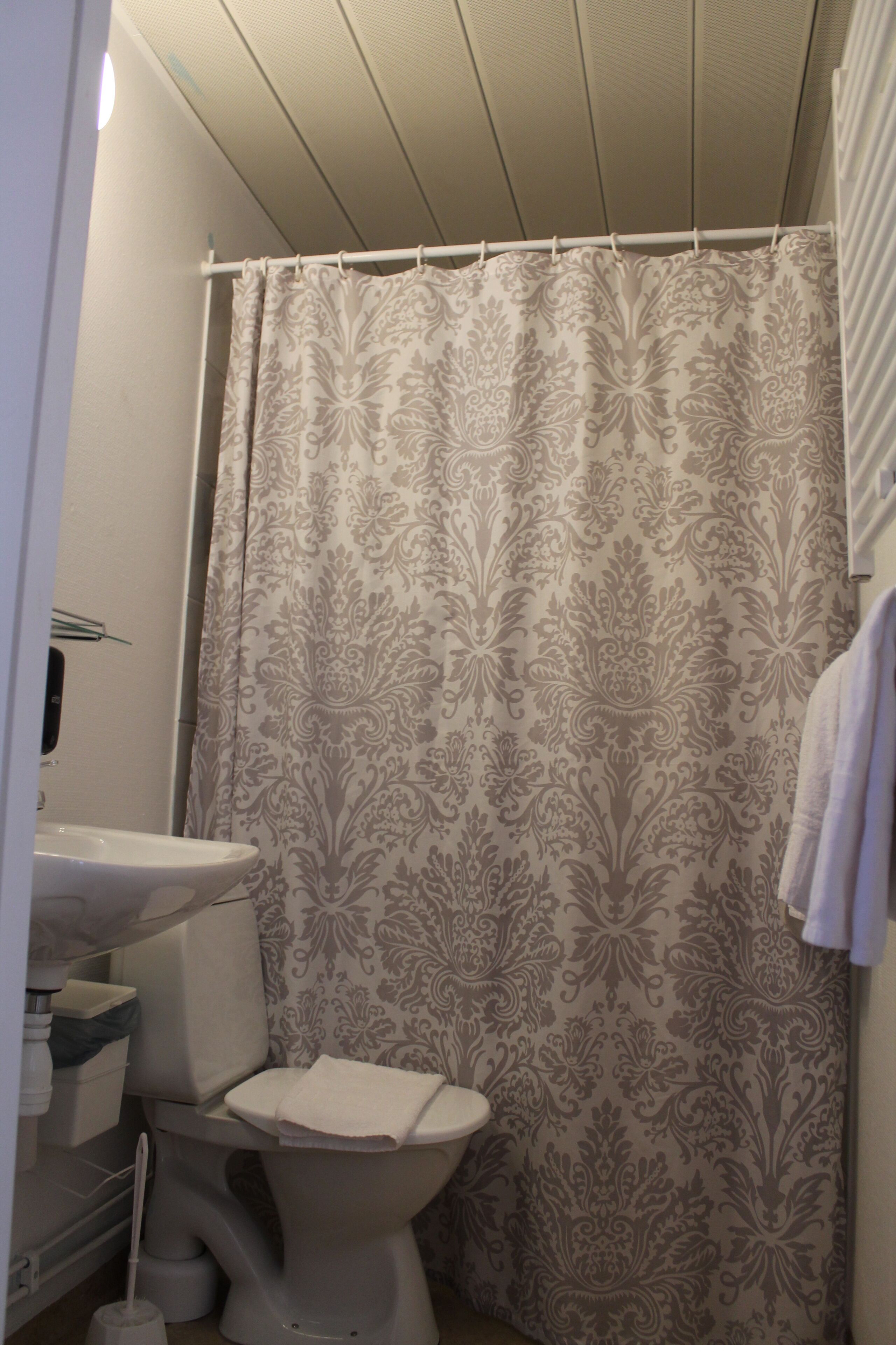 A bathroom with a toilet, sink, and shower curtain.