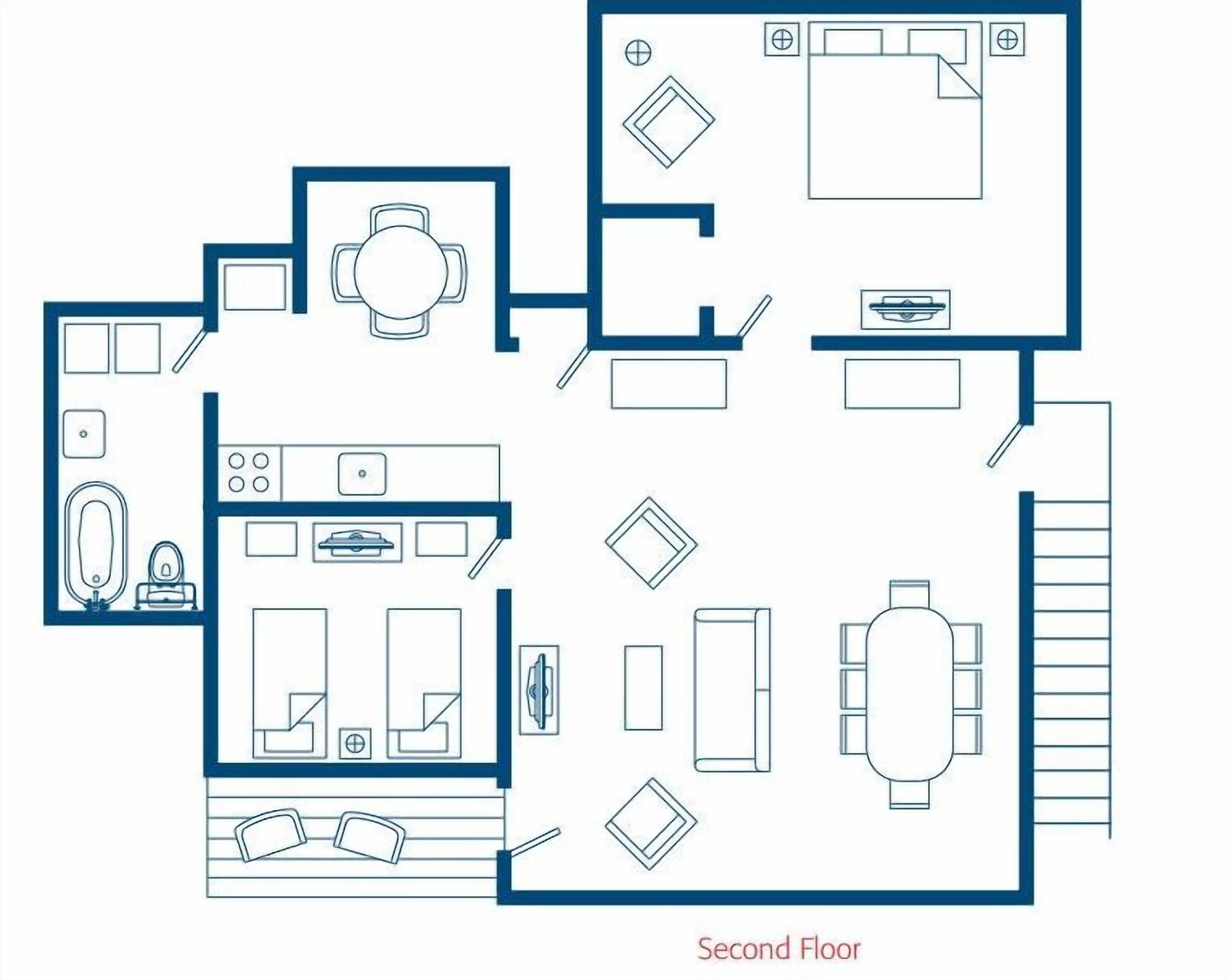 A floor plan of a hotel room on the second floor, including a bathroom, kitchenette, dining area, and a bed.