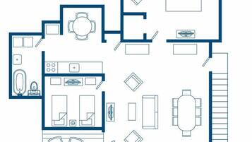 A floor plan of a hotel room on the second floor, including a bathroom, kitchenette, dining area, and a bed.