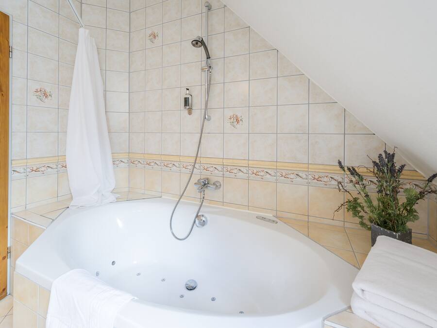 A bathroom with a freestanding bathtub, a showerhead, and a potted plant.