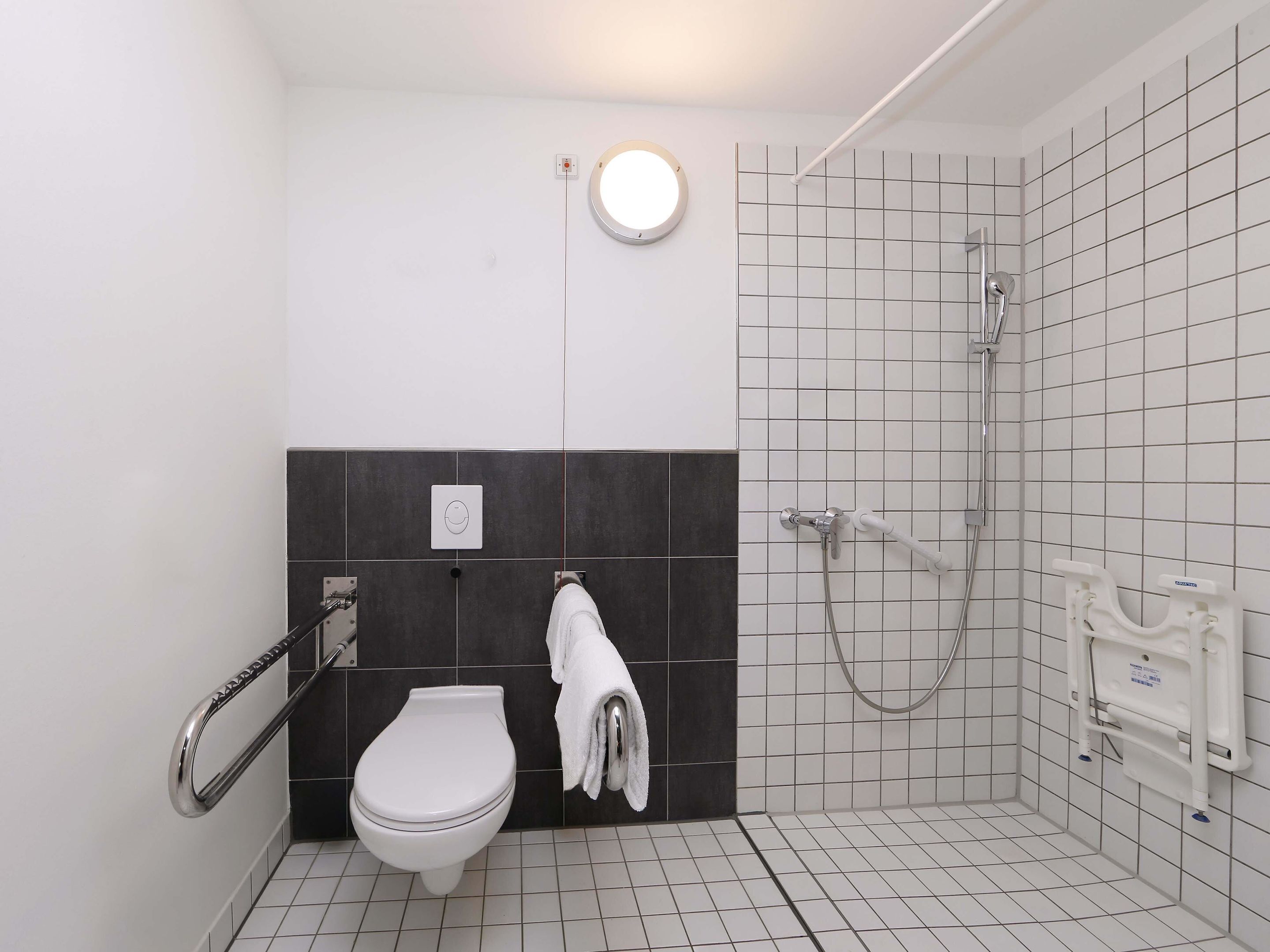 A modern bathroom with a toilet, a handrail, a towel rack, a shower area, and a wall-mounted light fixture.