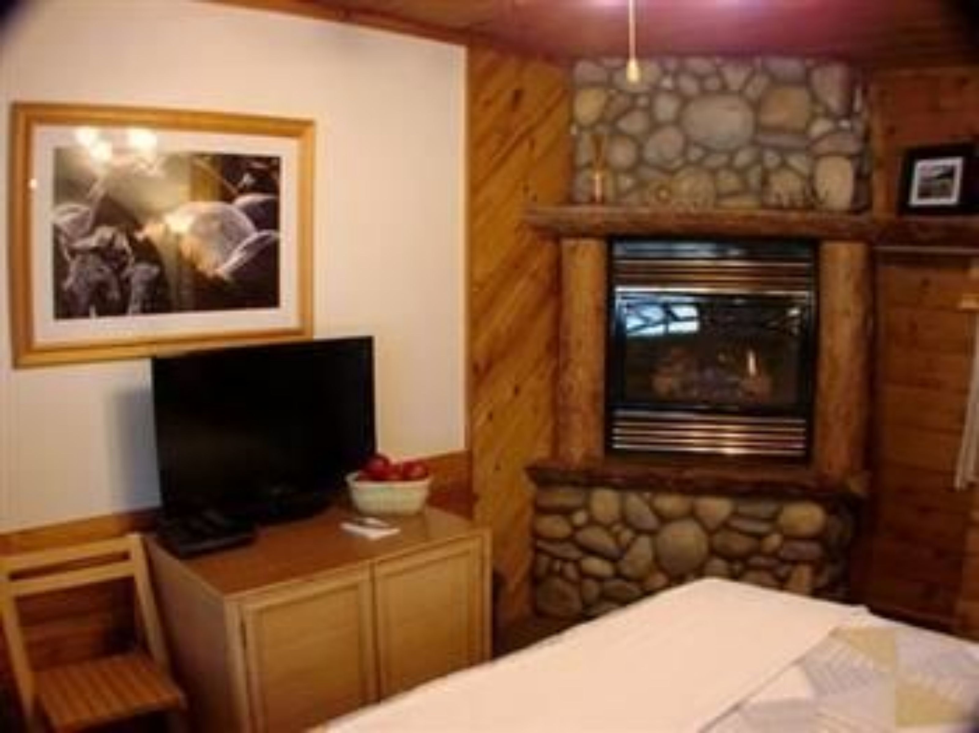 Una habitación con chimenea de piedra, un televisor sobre un mueble de madera y un cuadro en la pared.