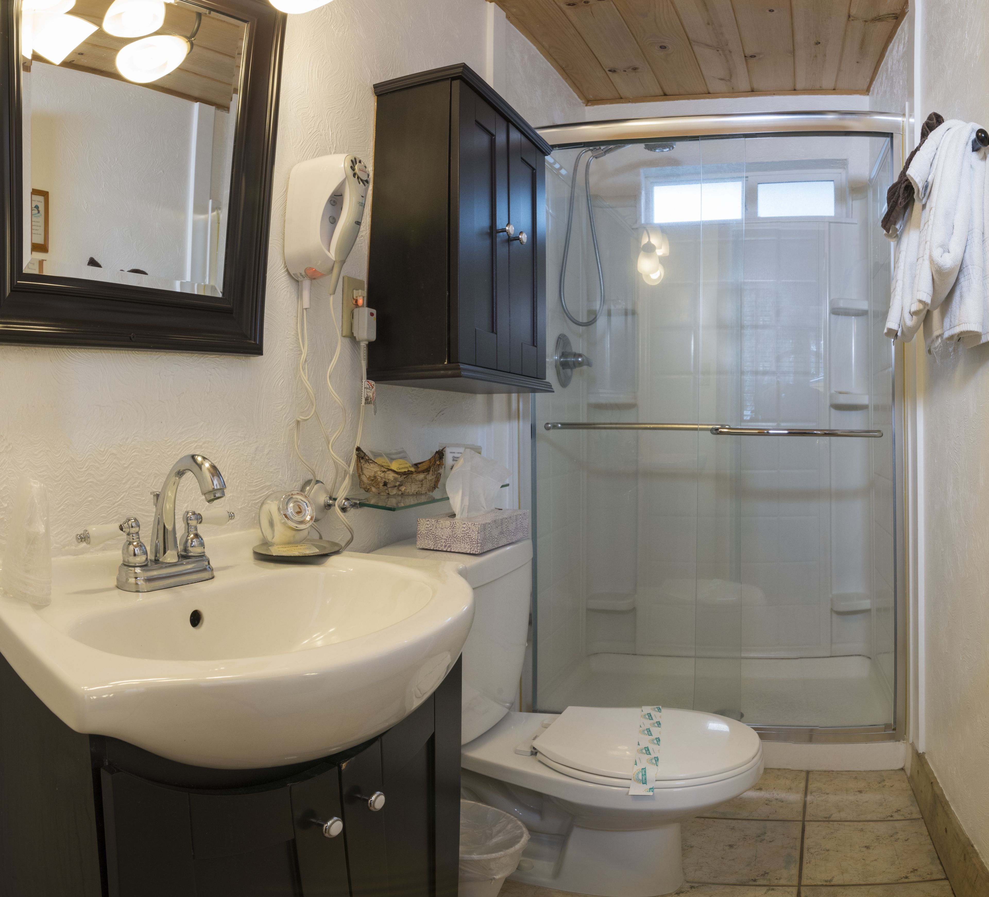 Une salle de bain avec un lavabo blanc, des toilettes, une douche en verre et un meuble en bois foncé.
