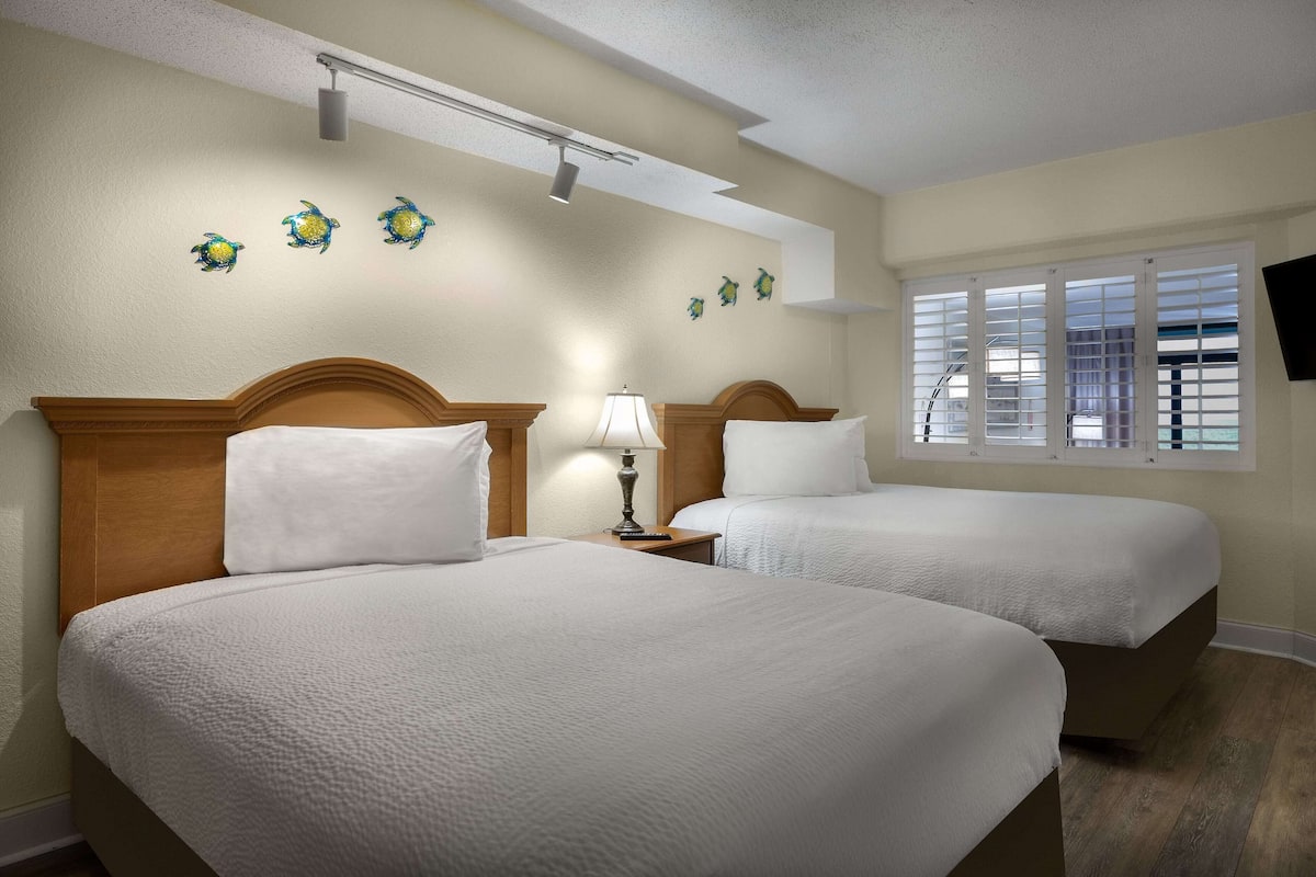 Quarto de hotel com duas camas, uma mesa de cabeceira com abajur, luz no teto, decoração nas paredes, uma janela com persianas e uma televisão fixada na parede.