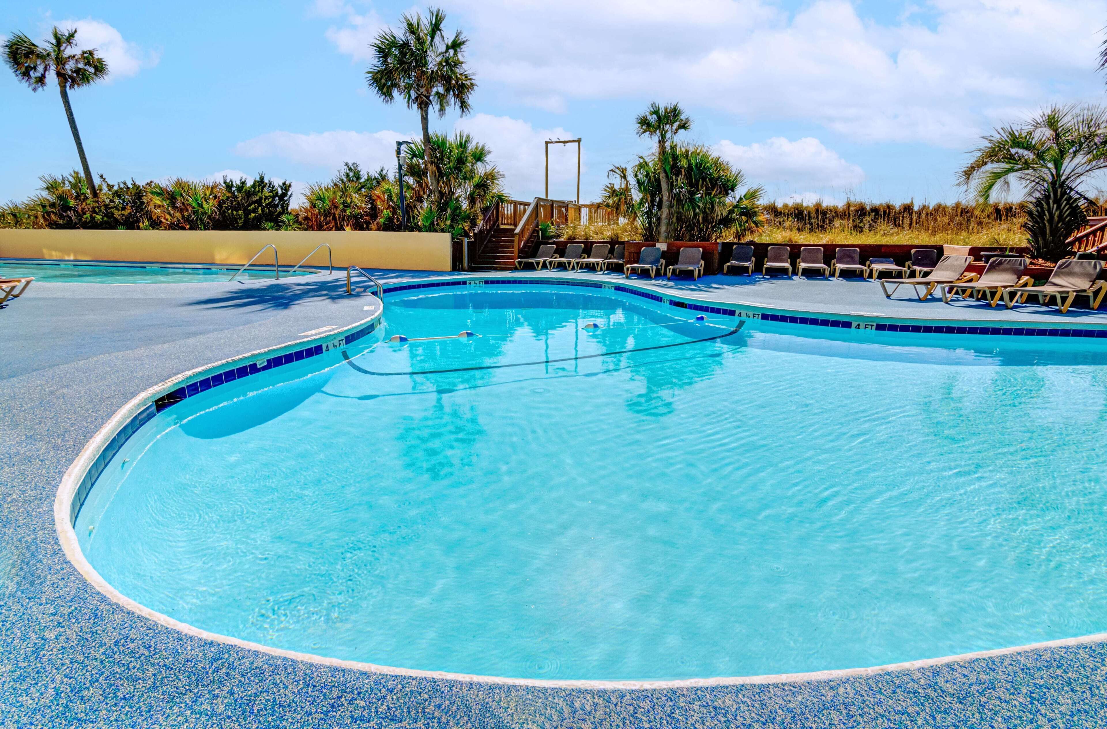A clear blue swimming pool with a tiled edge, surrounded by lounge chairs and palm trees.